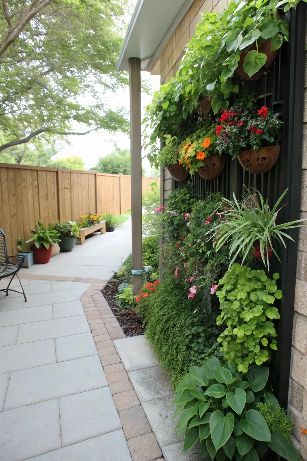 A vertical botanical display adds lavish greenery without occupying ground space.