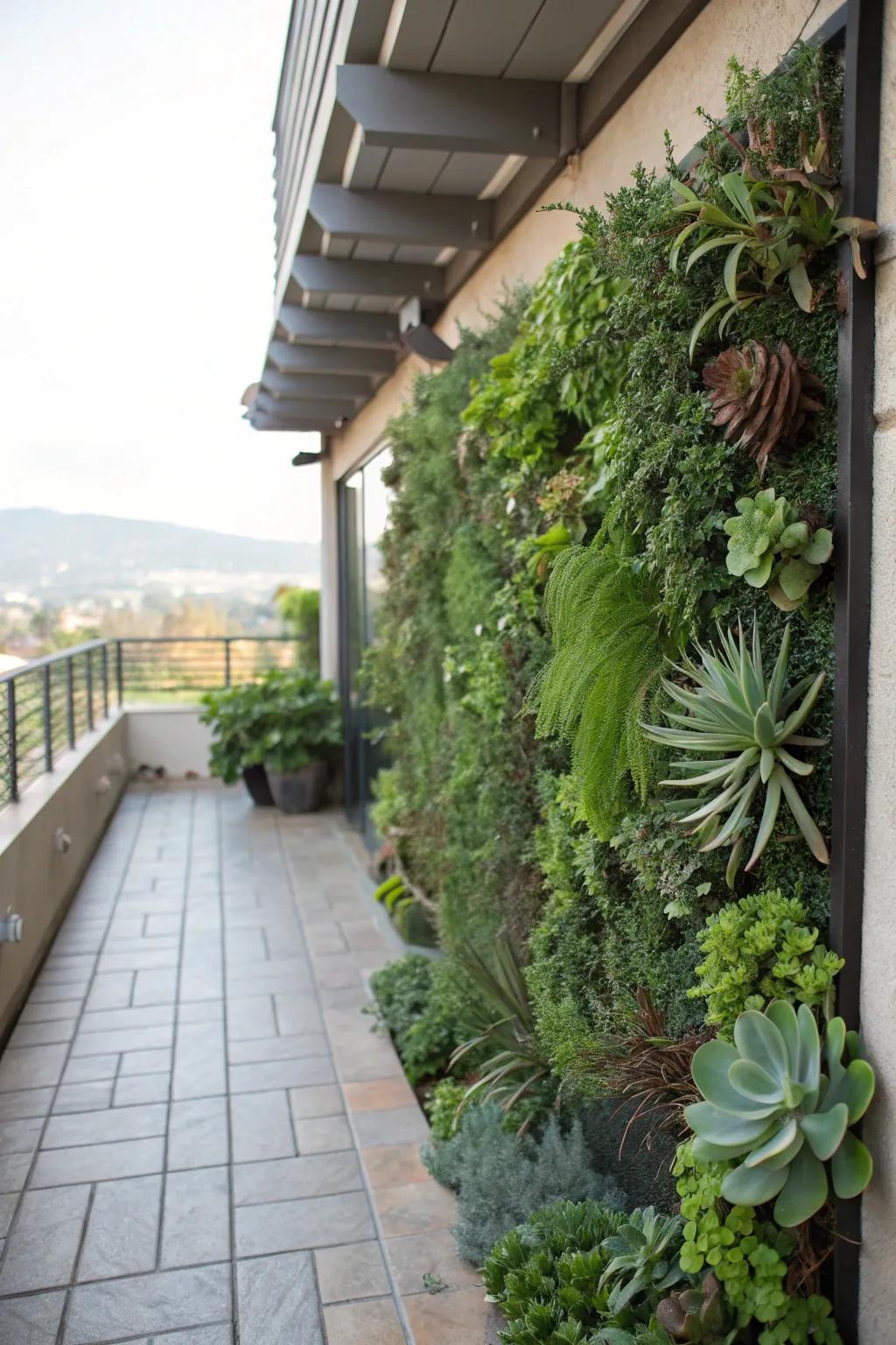 A flourishing ascending garden converts a patio wall into a vibrant masterpiece.