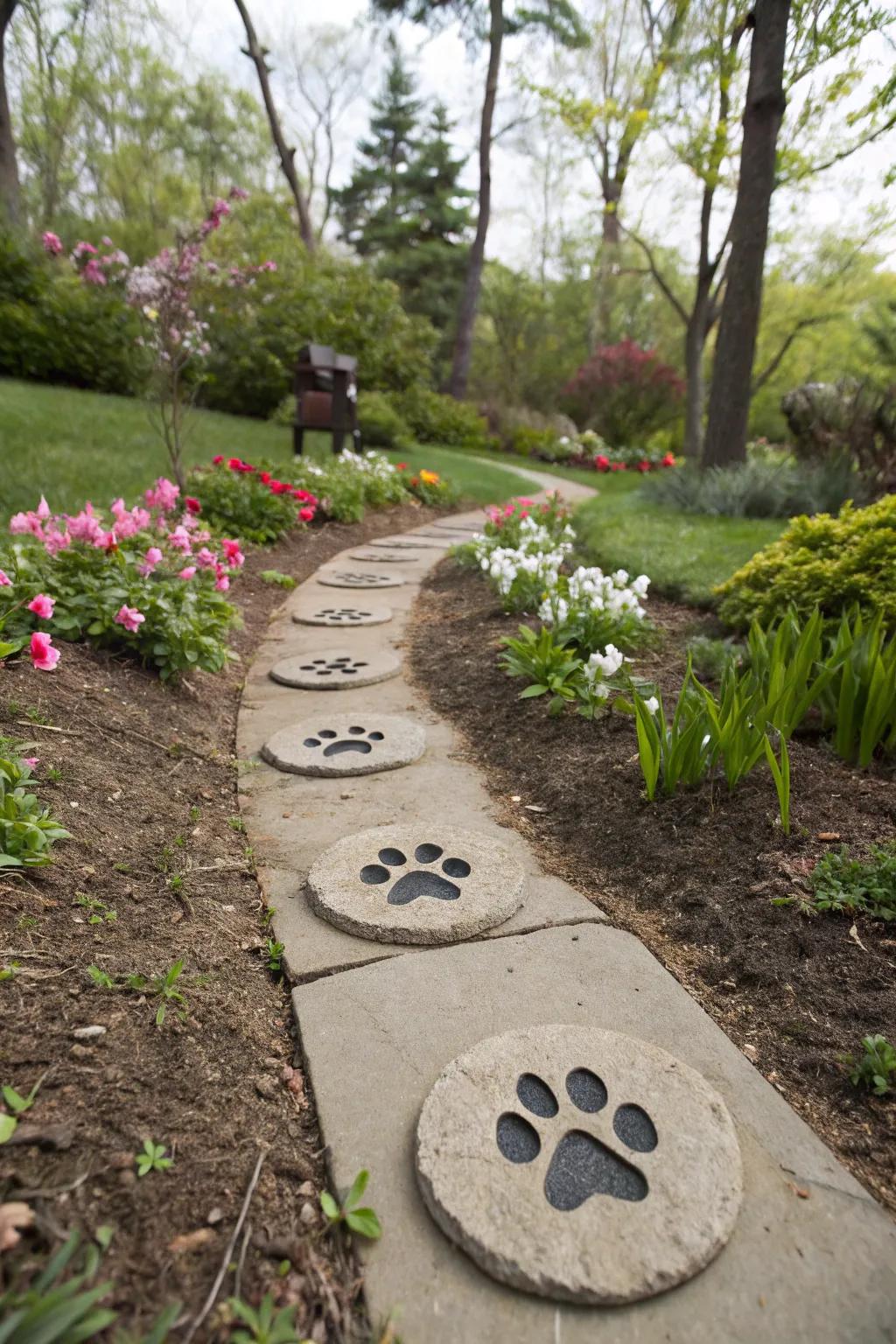 Bespoke paw impression path stones in a garden setting.
