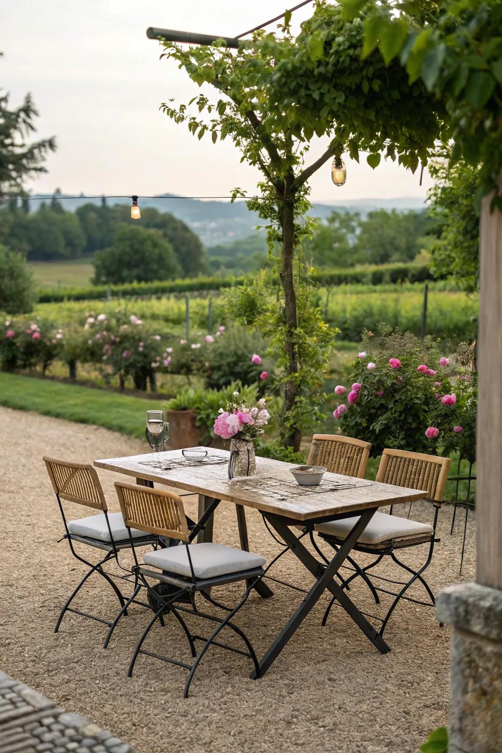 Savor meals beneath the stars in a pea gravel dining setting.