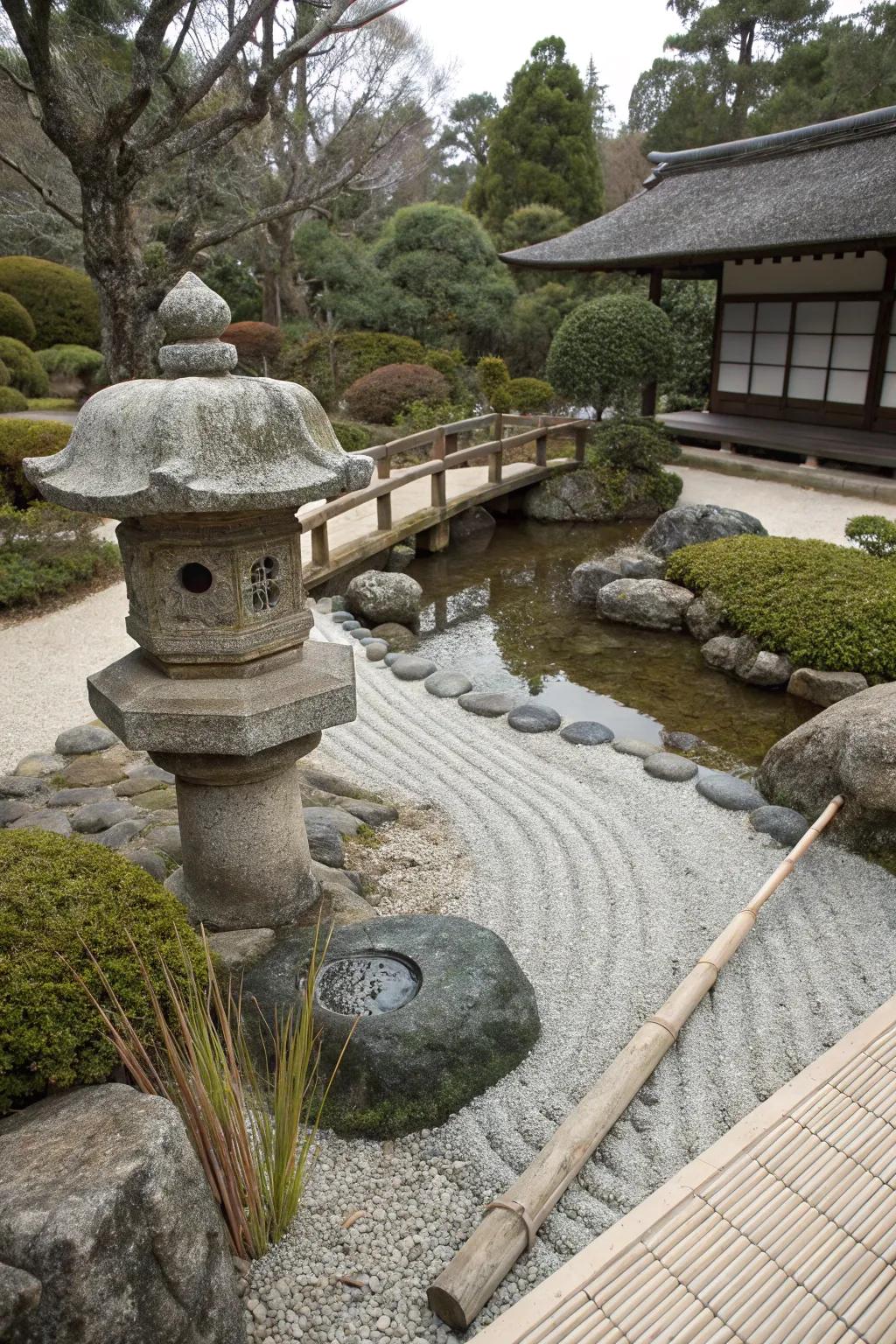 A Japanese Zen garden element promoting equilibrium and tranquility.