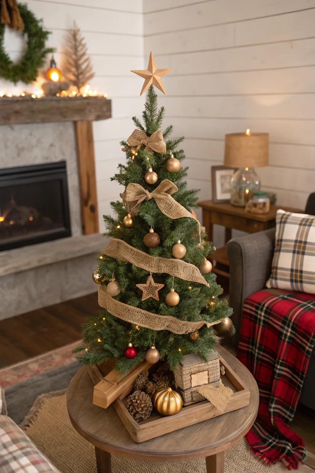 Countryside allure with sacking and timber decorations on a slim tree.