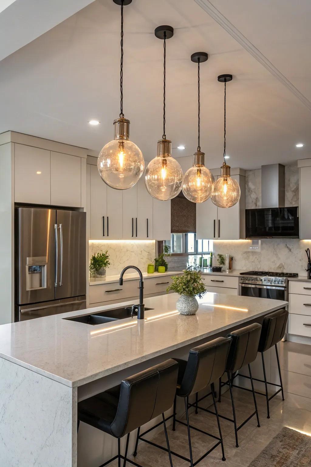 Assembled pendants effect a striking assertion in any given area.