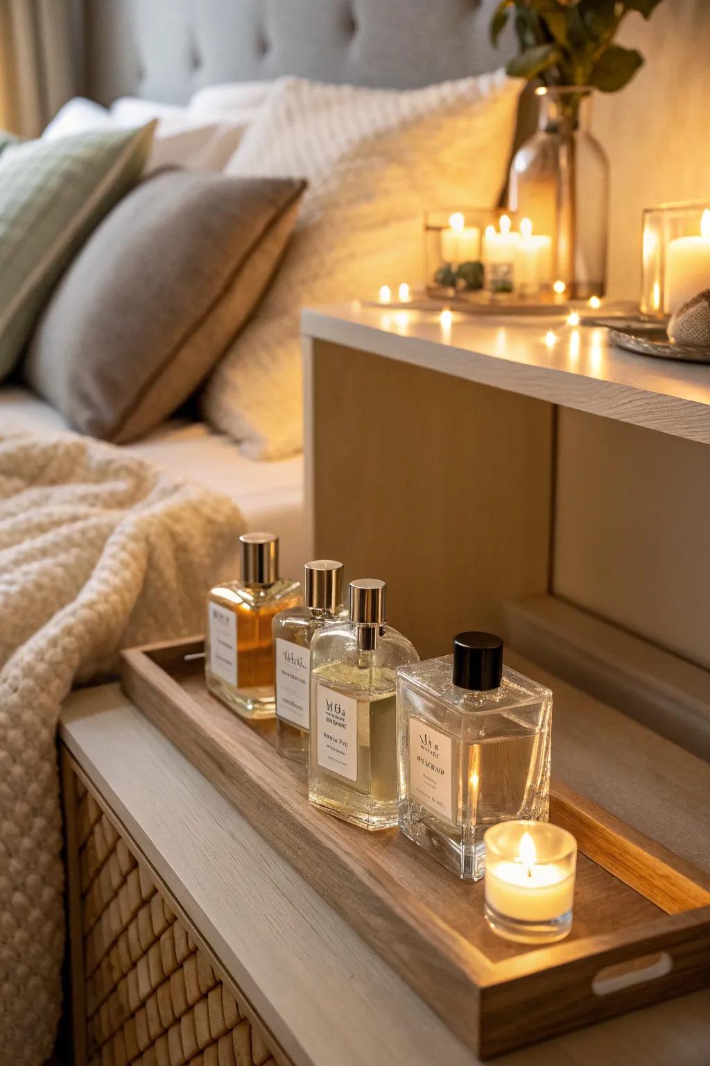 Perfume bottles gently illuminated by soft lighting, creating a warm and inviting atmosphere.