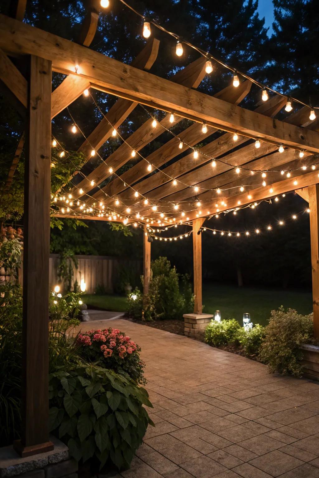 String lights create a magical ambiance, perfect for evening gatherings.