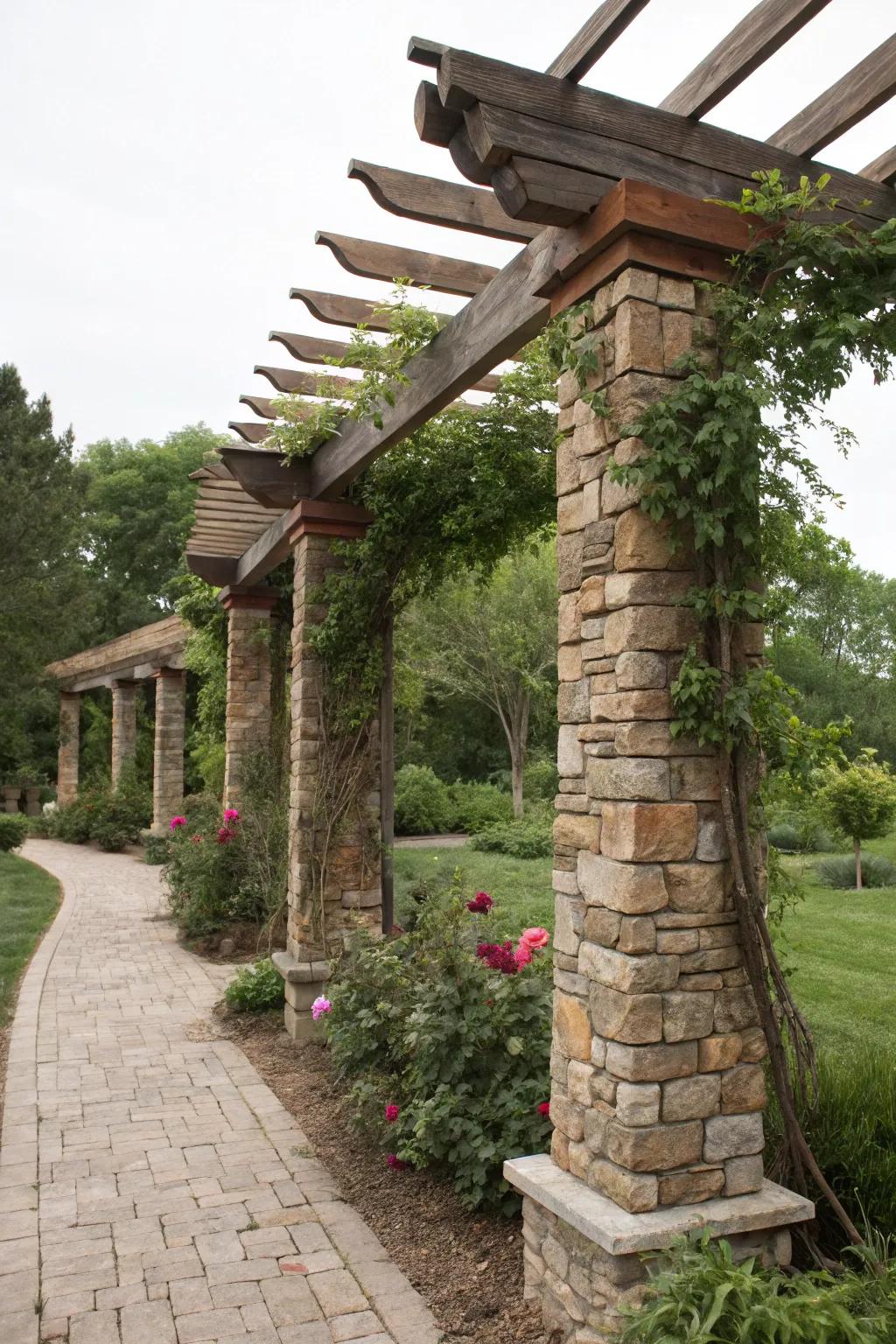 Stone veneer lends a countryside feel to pergola pillars.