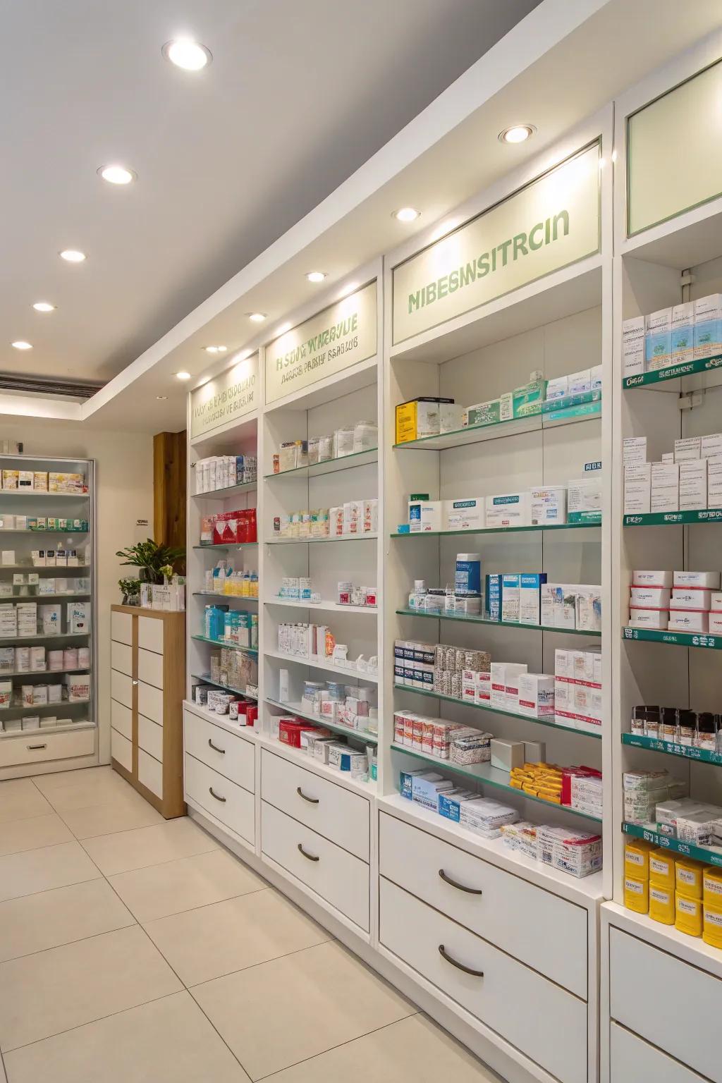 Optimized shelving solutions highlighting pharmacy products
