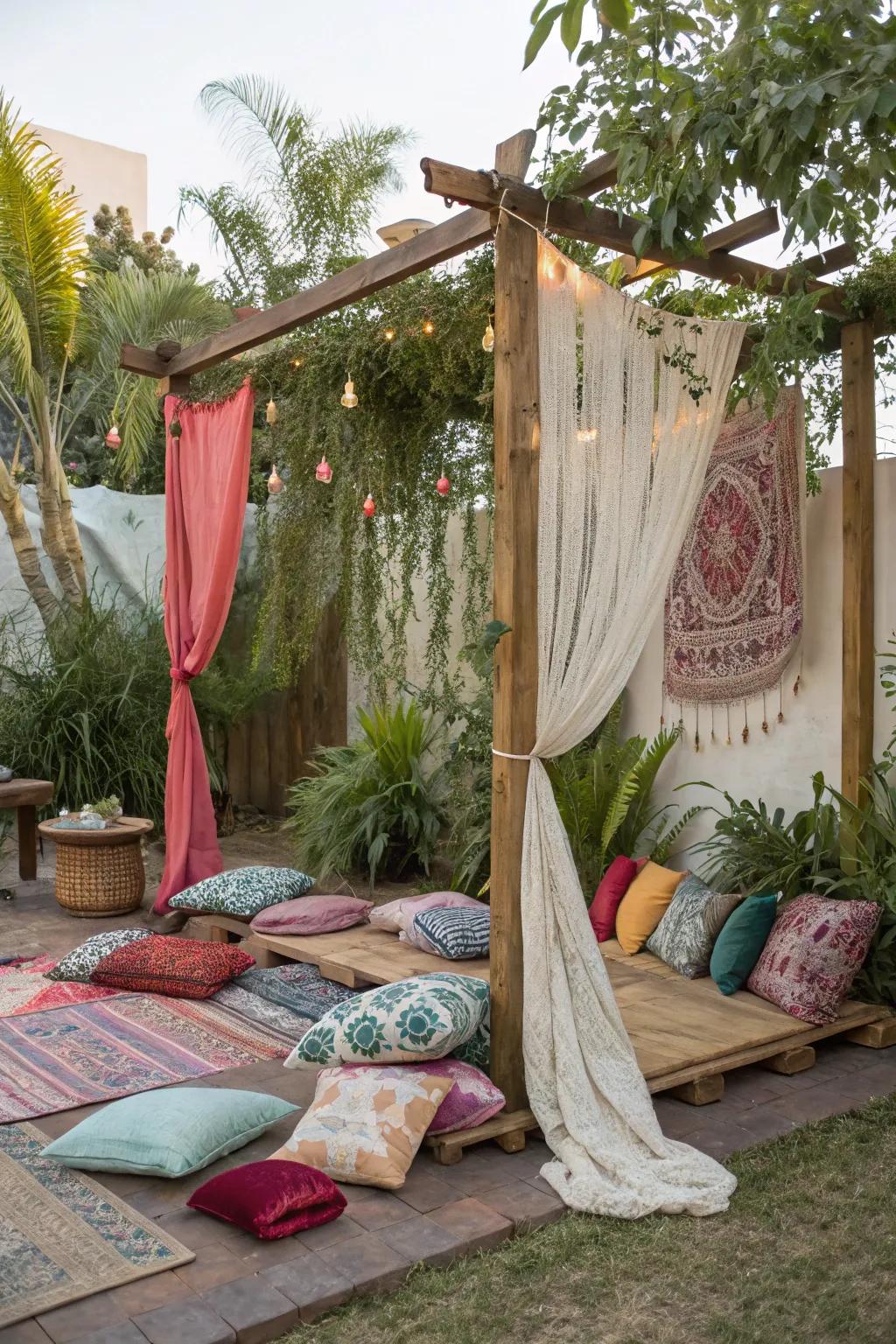 A free-spirited open-air arrangement featuring pads and flowing textiles.