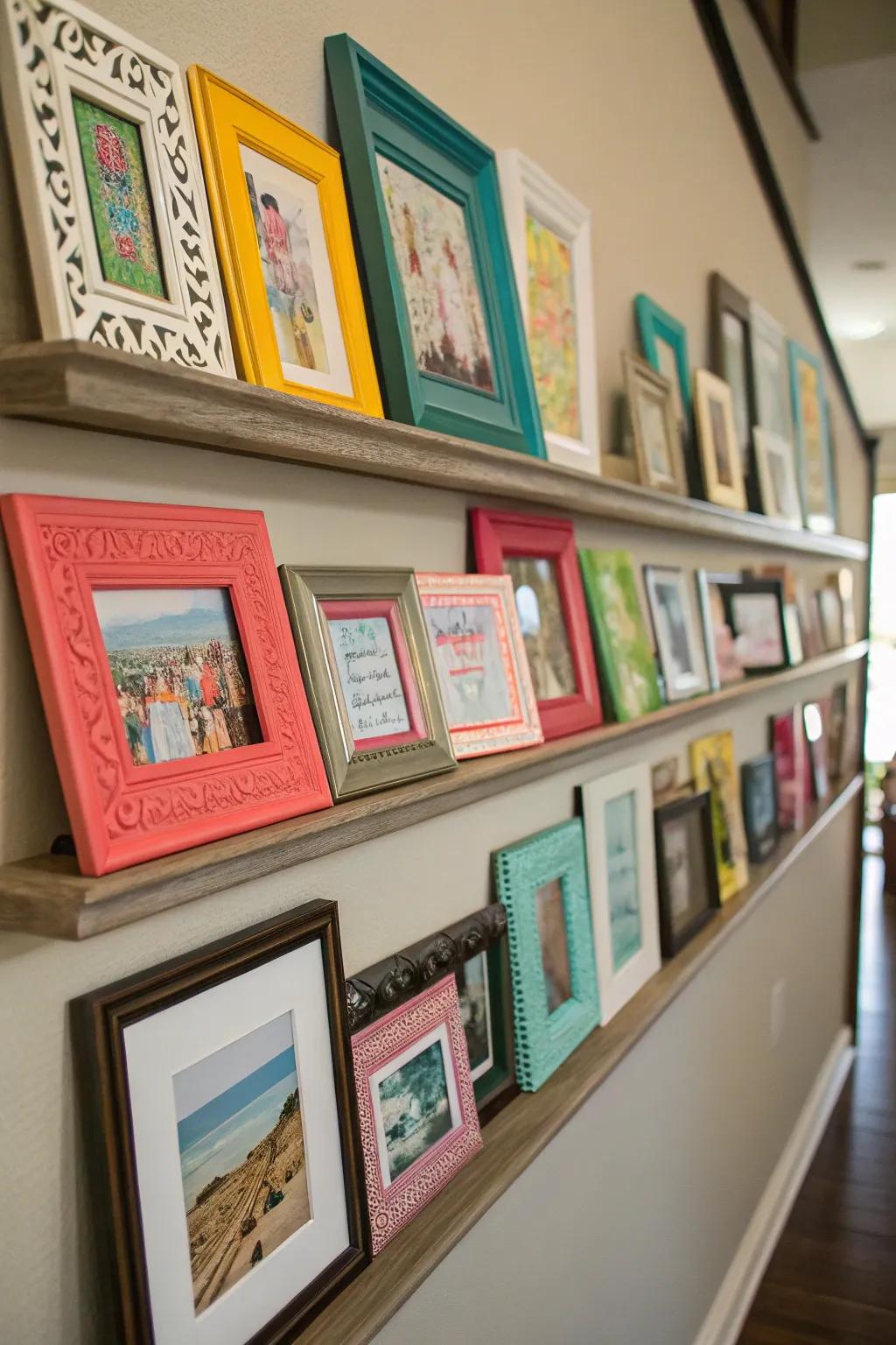 Mix frame dimensions and shades for a vibrant ledge presentation.