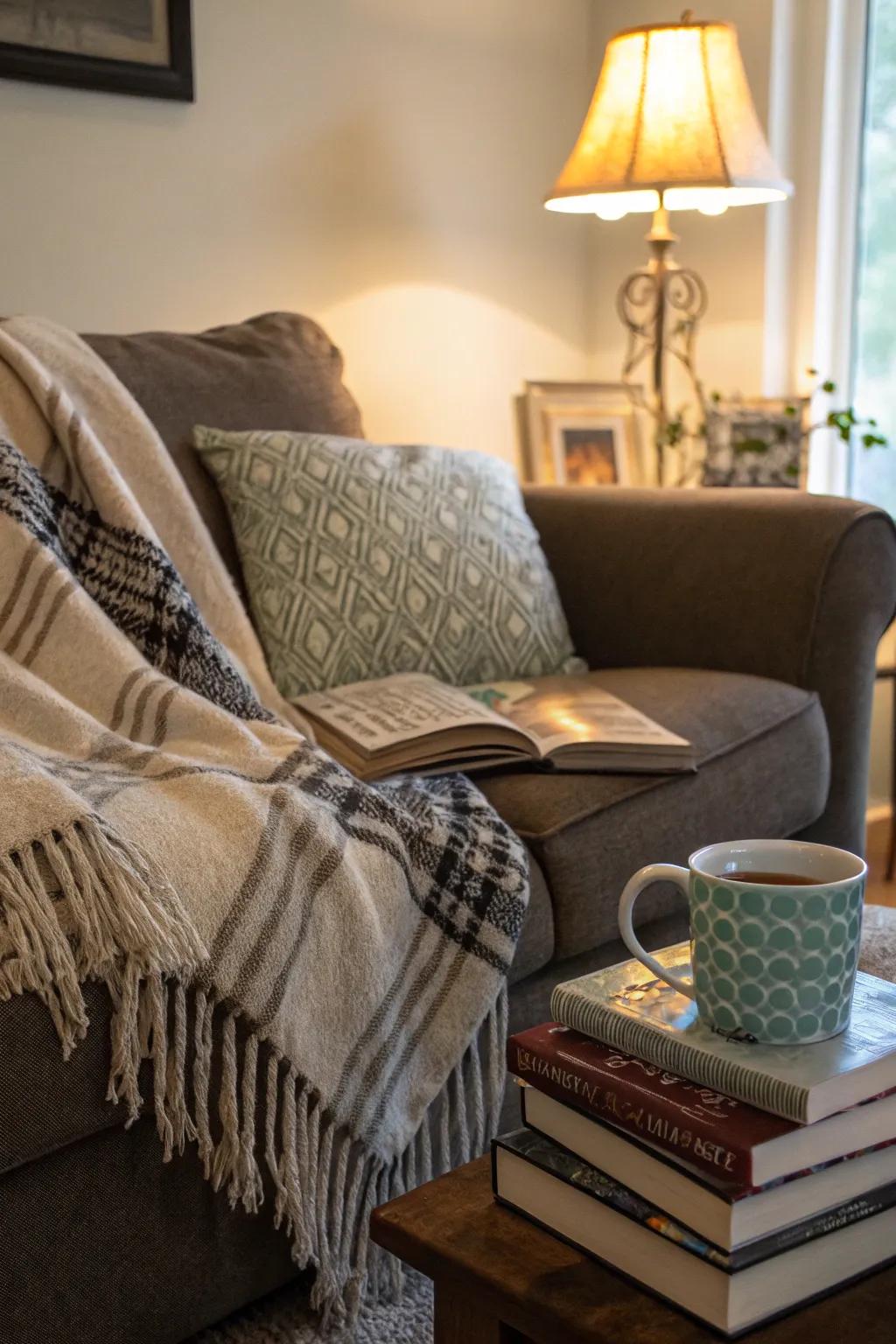 A cozy corner of a couch with a throw cascading onto the seat.