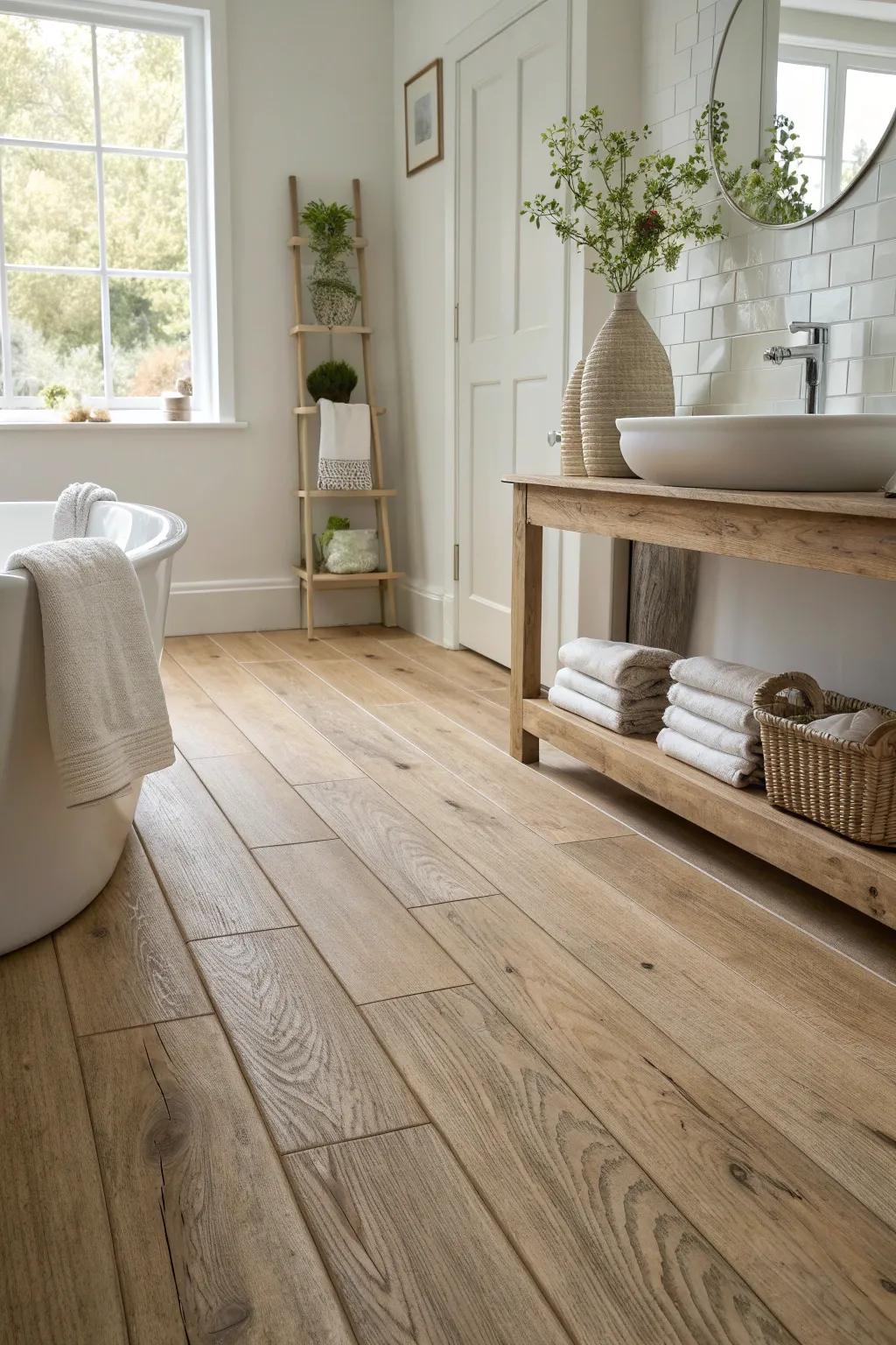 Redesign your bathroom into a peaceful haven with nature-inspired wood tones that soothe and calm.