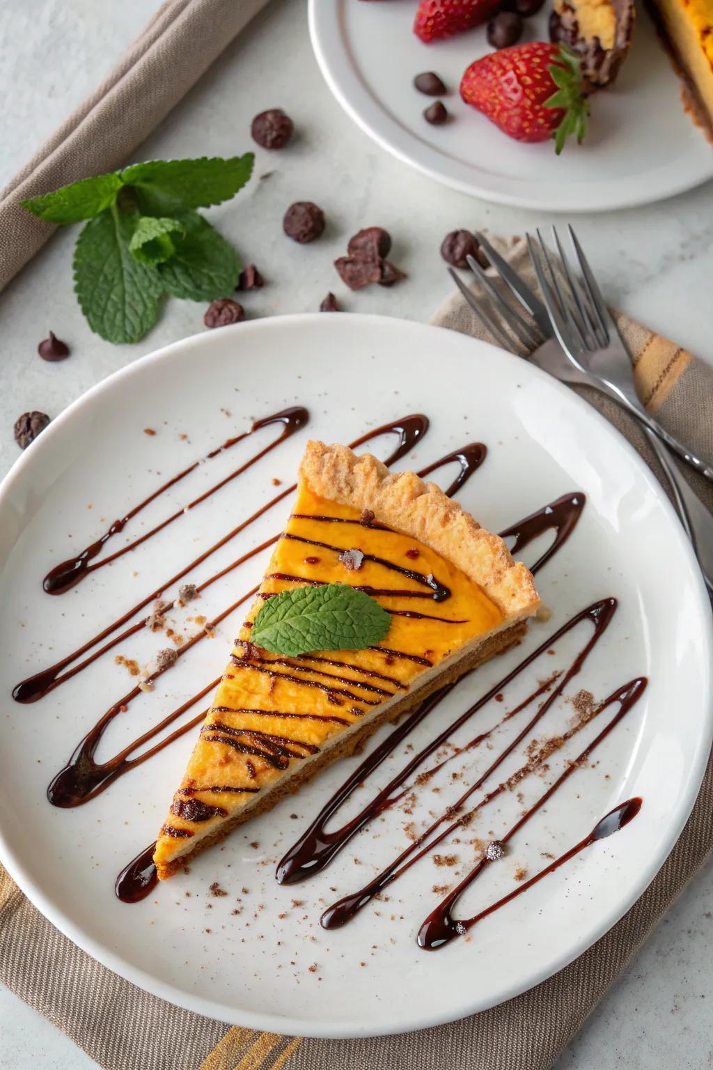 A slice of pie graced with an artistic chocolate cascade.