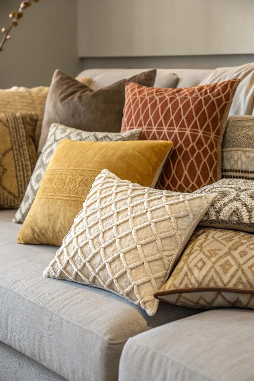 Layered pillows of different sizes creating a dynamic effect.