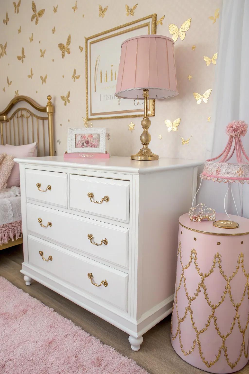 White furniture beautifully complements the vibrant pink and gold shades.