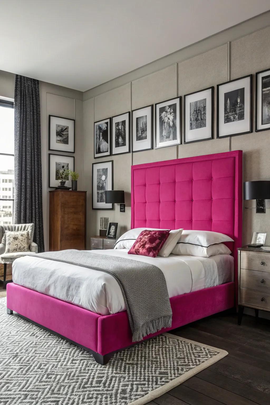 A strong and energetic space featuring a radiant pink headboard as its focal point.