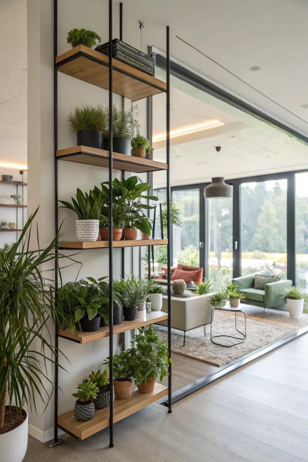 Levitating shelves propose a contemporary floral showcase.