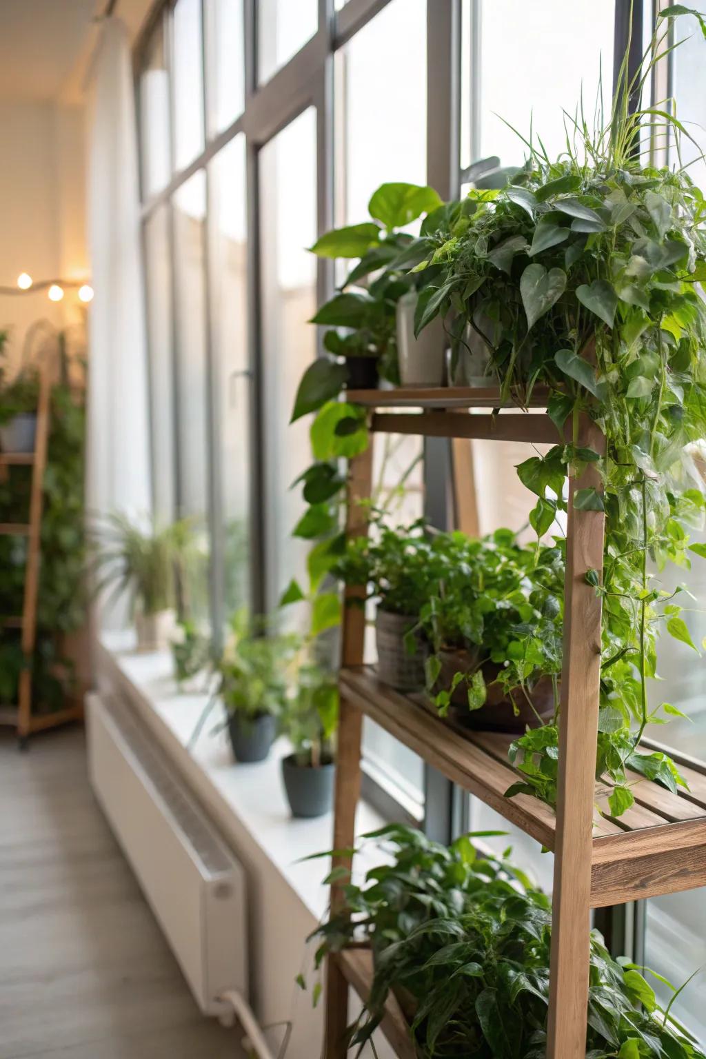 A brightly lit plant display near a window capitalizing on natural light.