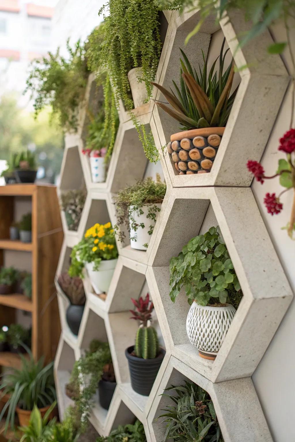 Geometric sophistication with hexagonal plant shelves.