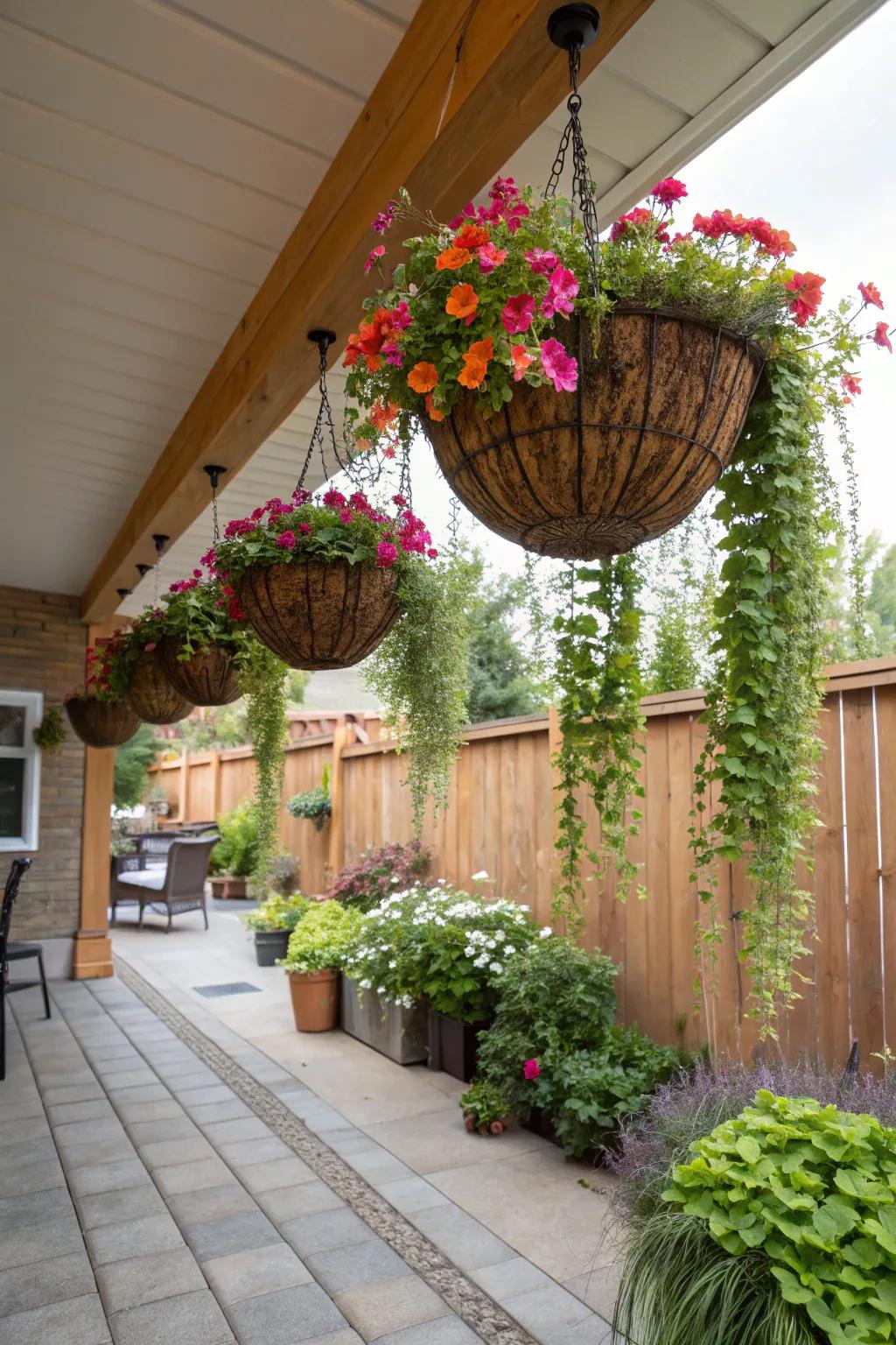 Enhance your patio with suspended floral displays.