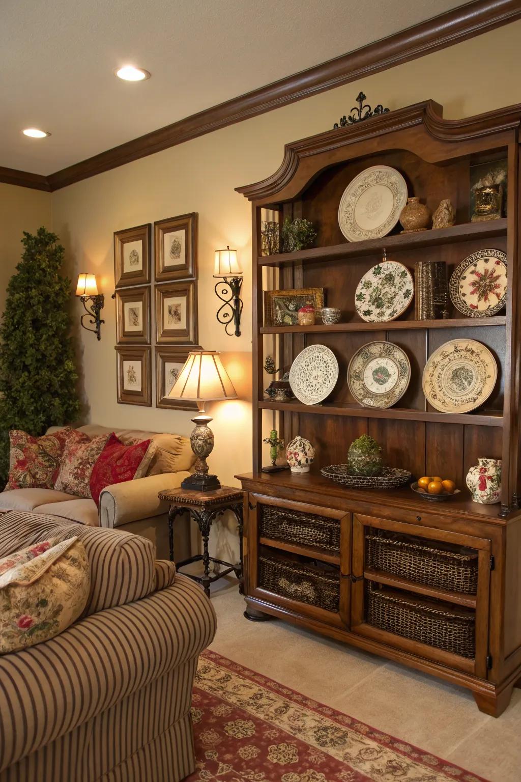 A versatile living area featuring decorative shelving and plate rails