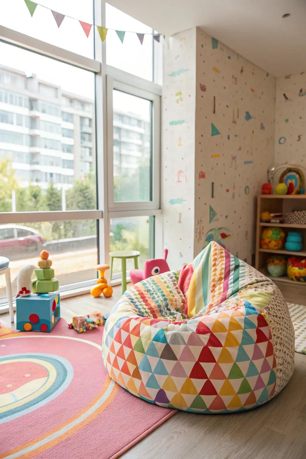 A vibrant playroom showcasing a playful beanbag seating setup.