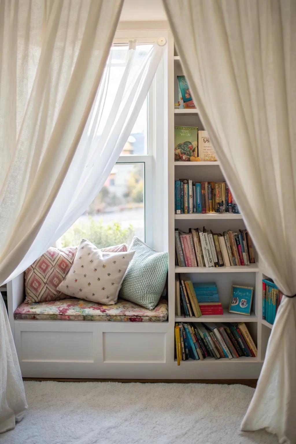 Curtains establish a snug reading alcove by the window.