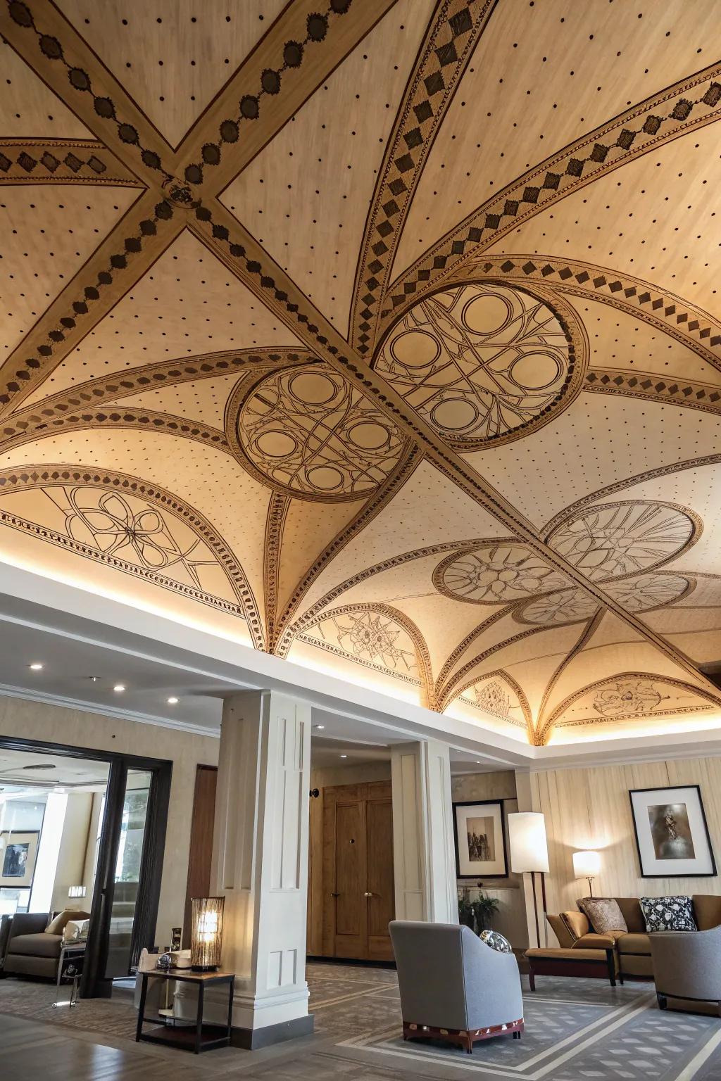 A ceiling showcasing singular plywood designs that seize the attention.