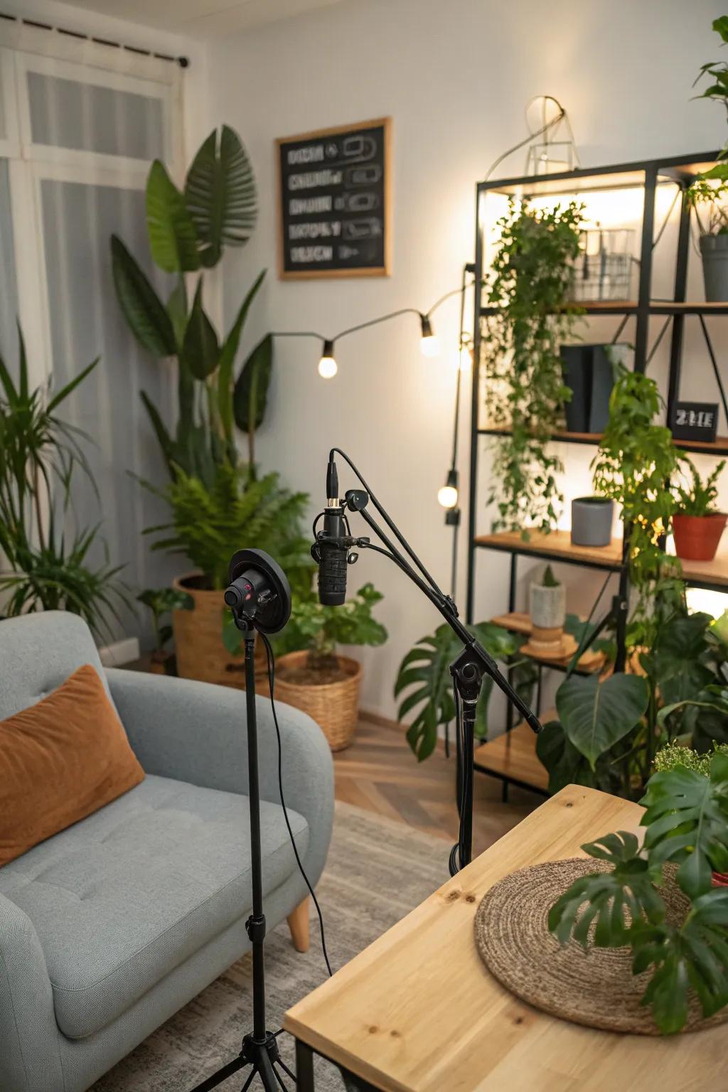 A podcast space embellished with botanical touches.