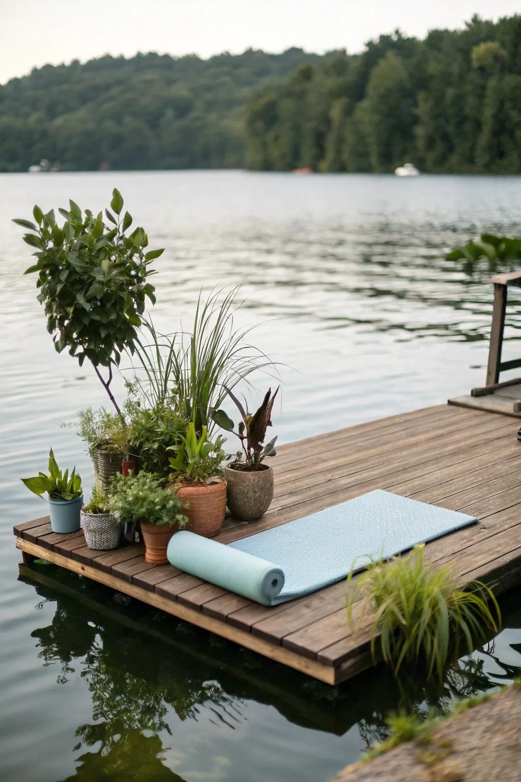 A floating deck provides a distinct spot to enjoy the pond.