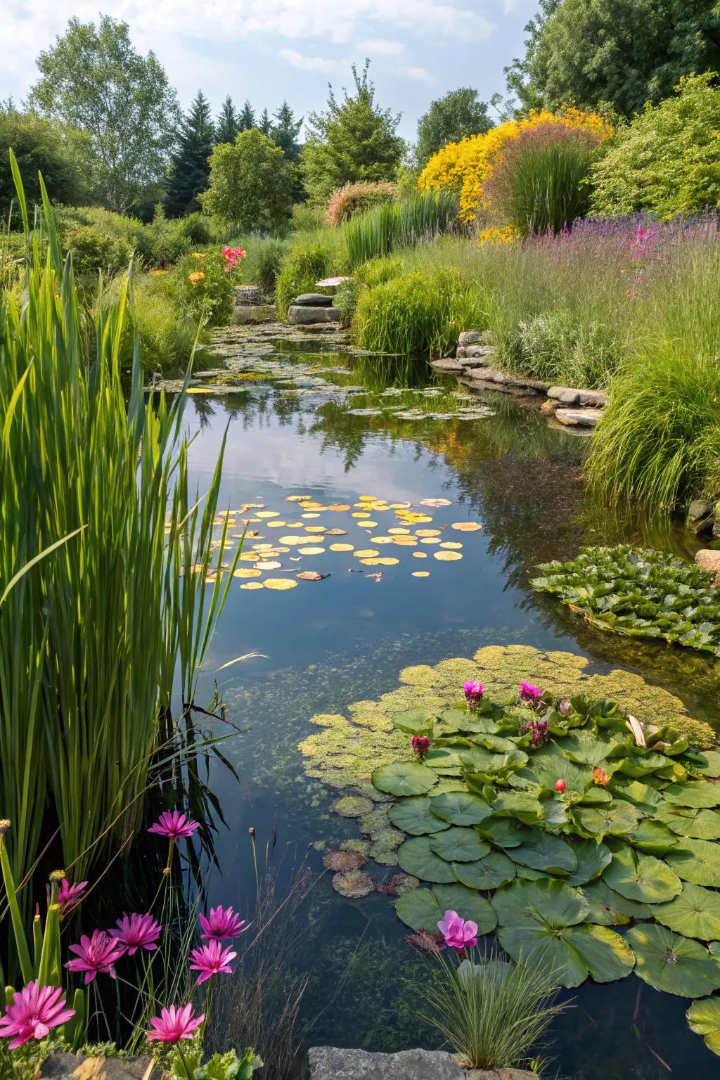 Water-based flora inject essence and vibrancy into your pond stream.