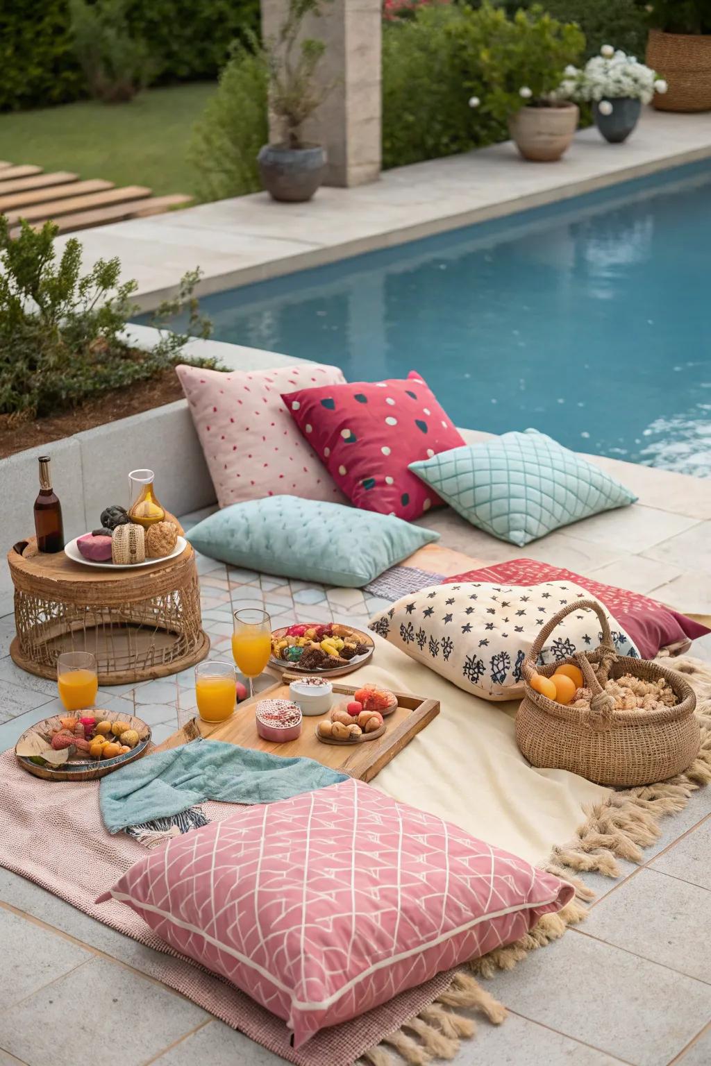 An inviting poolside repast arrangement featuring welcoming blankets and pillows.