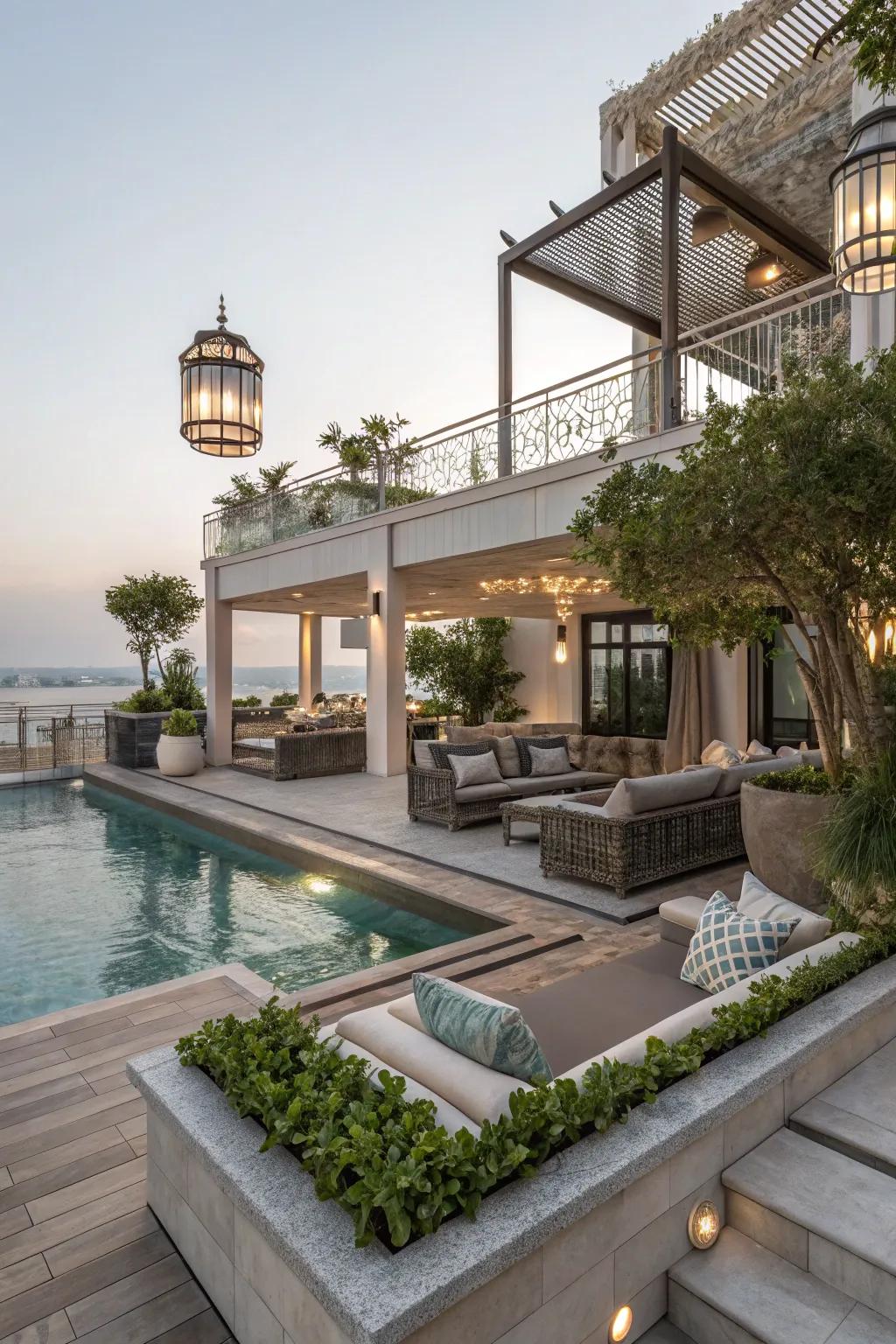Multi-level decks bring a dynamic element to poolside landscapes.