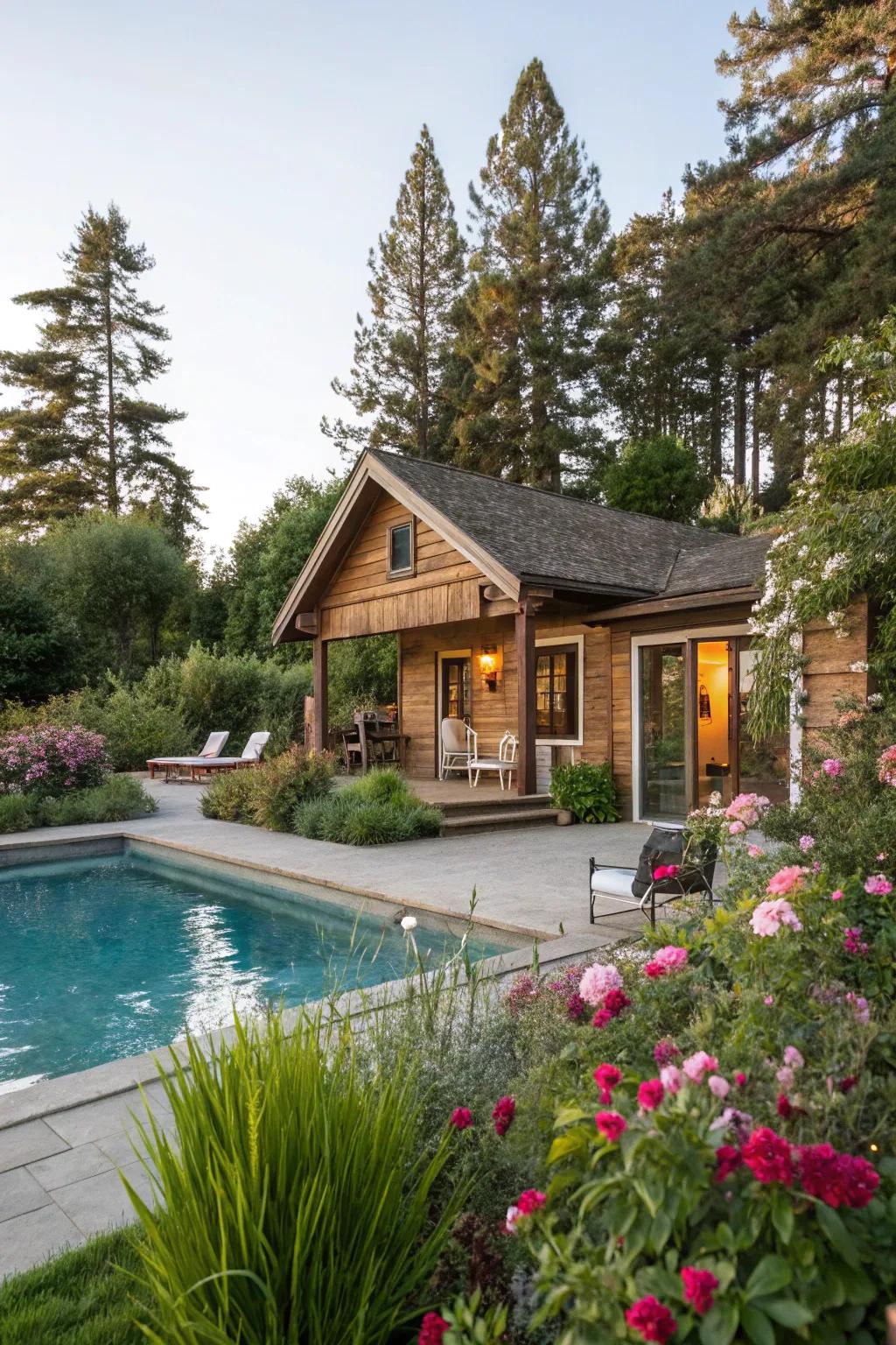 Elevate your pool house with abundant greenery for a serene getaway.