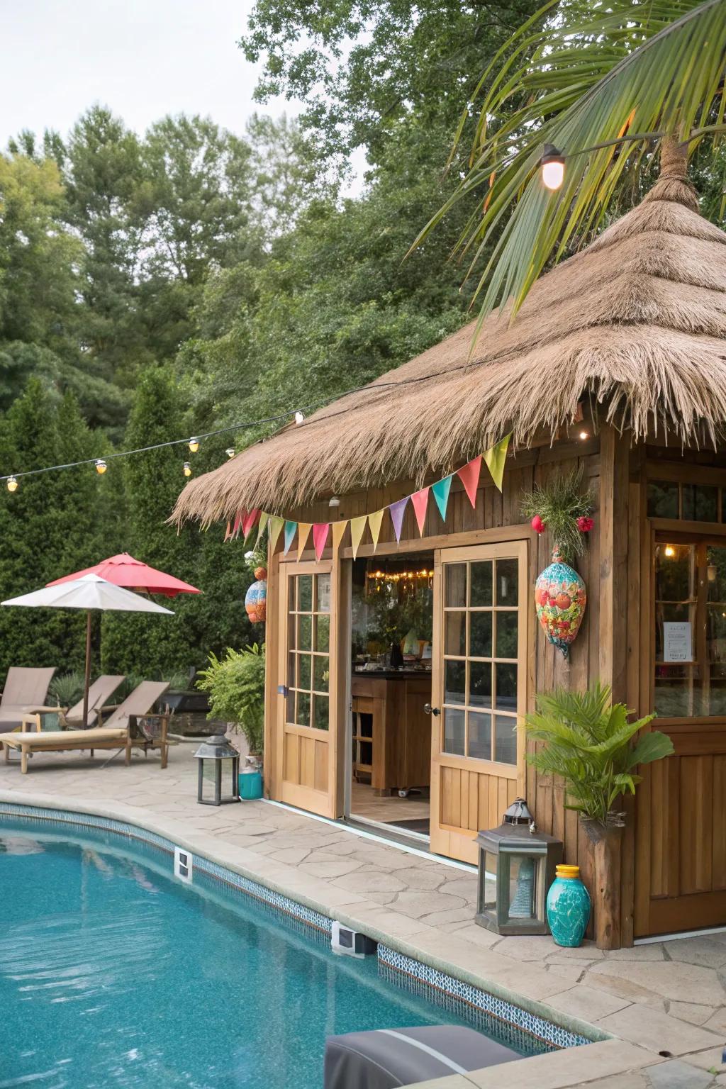 A thatched roof wet bar imbues your pool area with tropical allure.