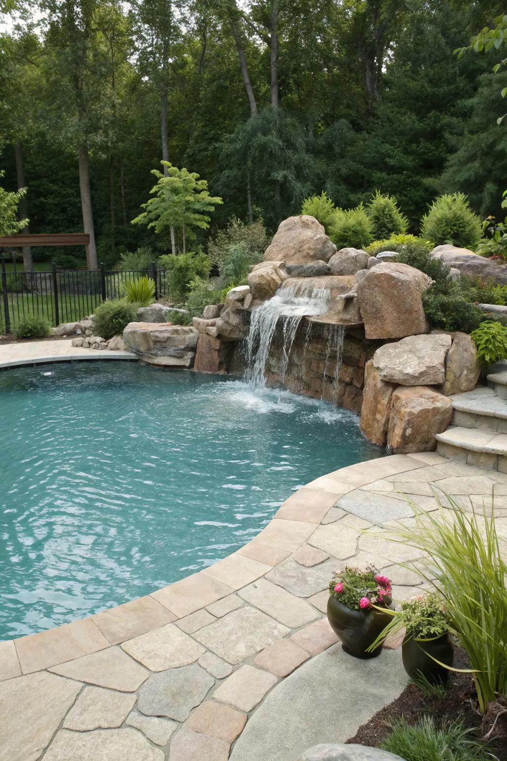 A backyard pool showcasing a calming cascading water feature.