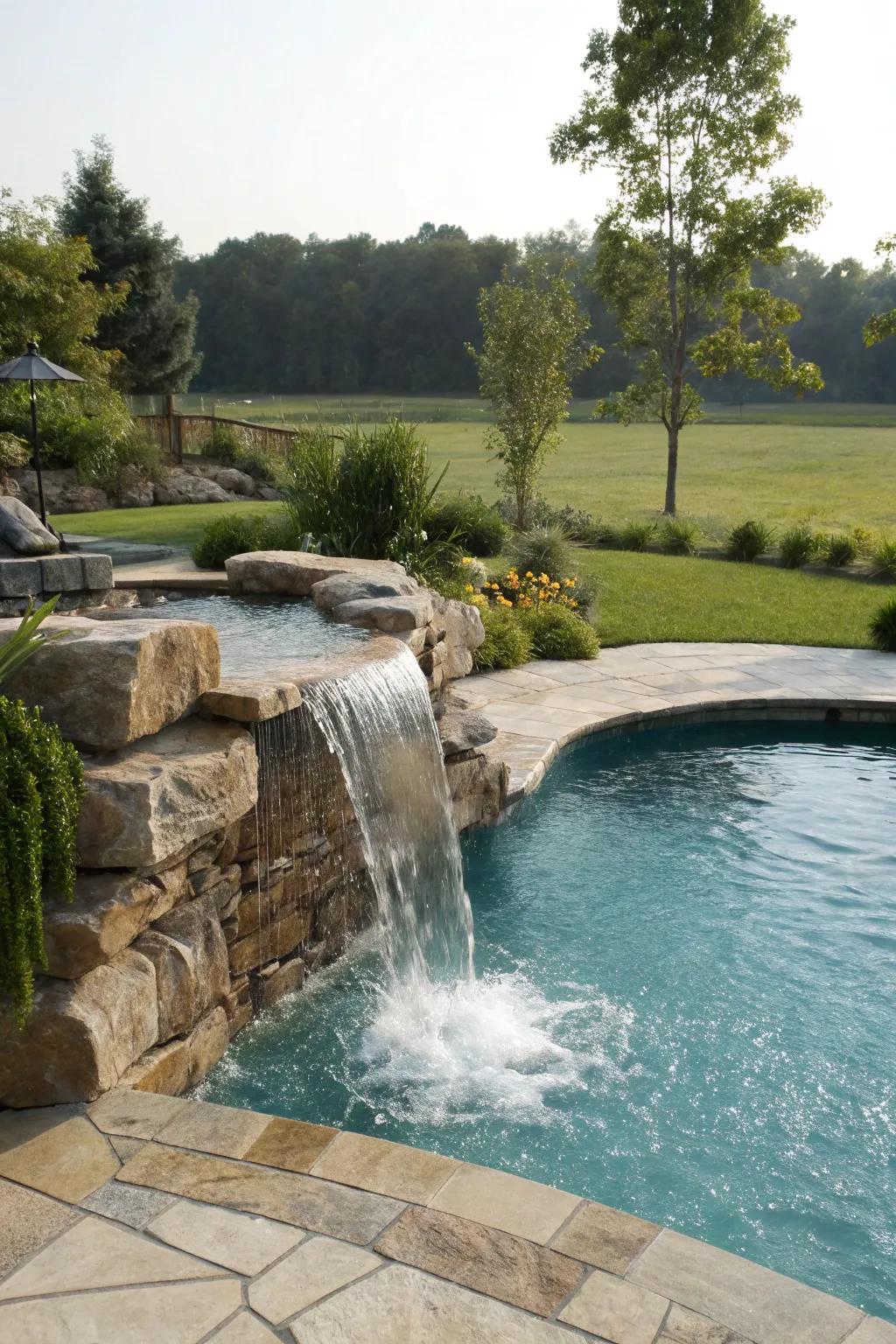 A pool equipped with a captivating flowing waterfall component.