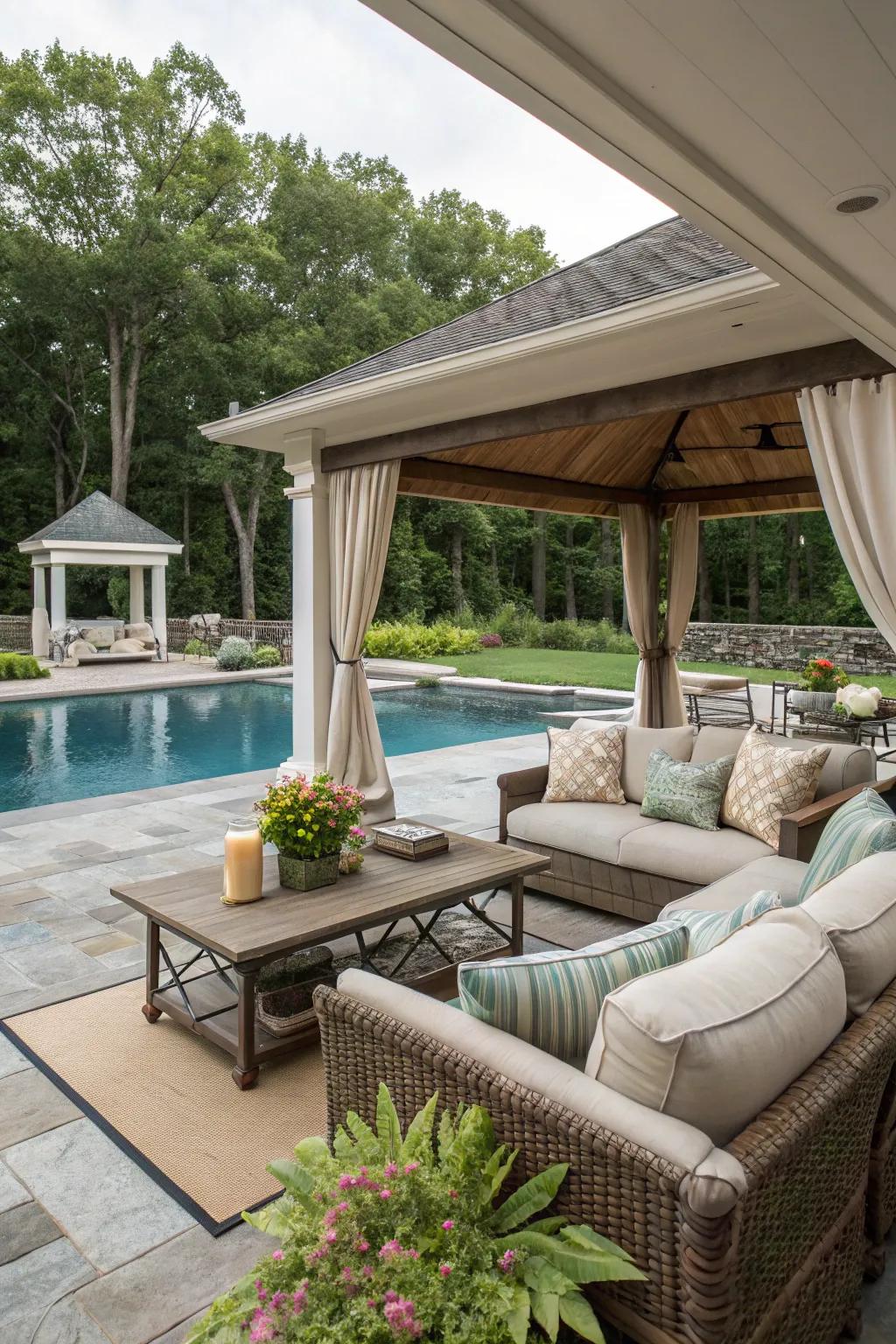 Transform your poolside into an alluring exterior lounge for unwinding and hosting.