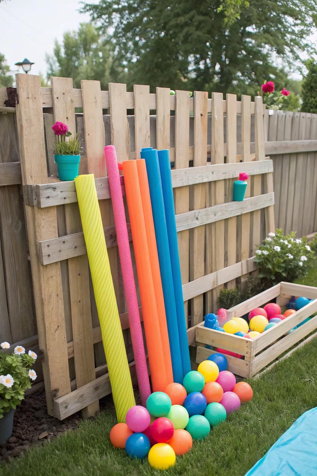 Do-it-yourself pallet storage introduces a rustic flair to pool organization.