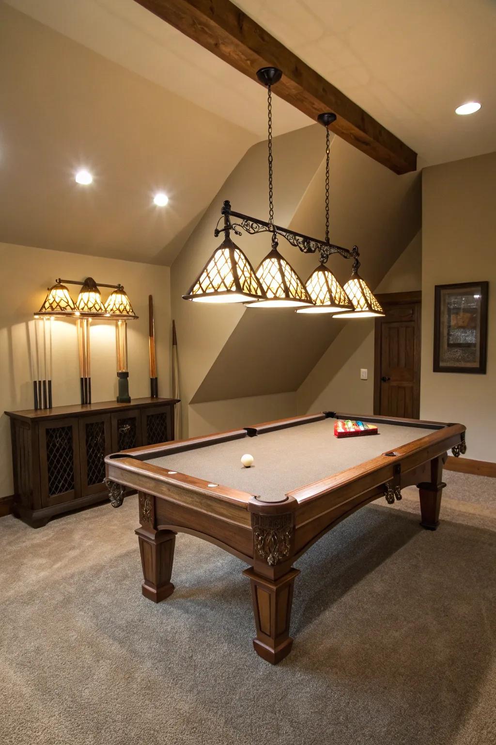Hanging lights are strategically placed to illuminate the pool table, forming a perfect gaming atmosphere.