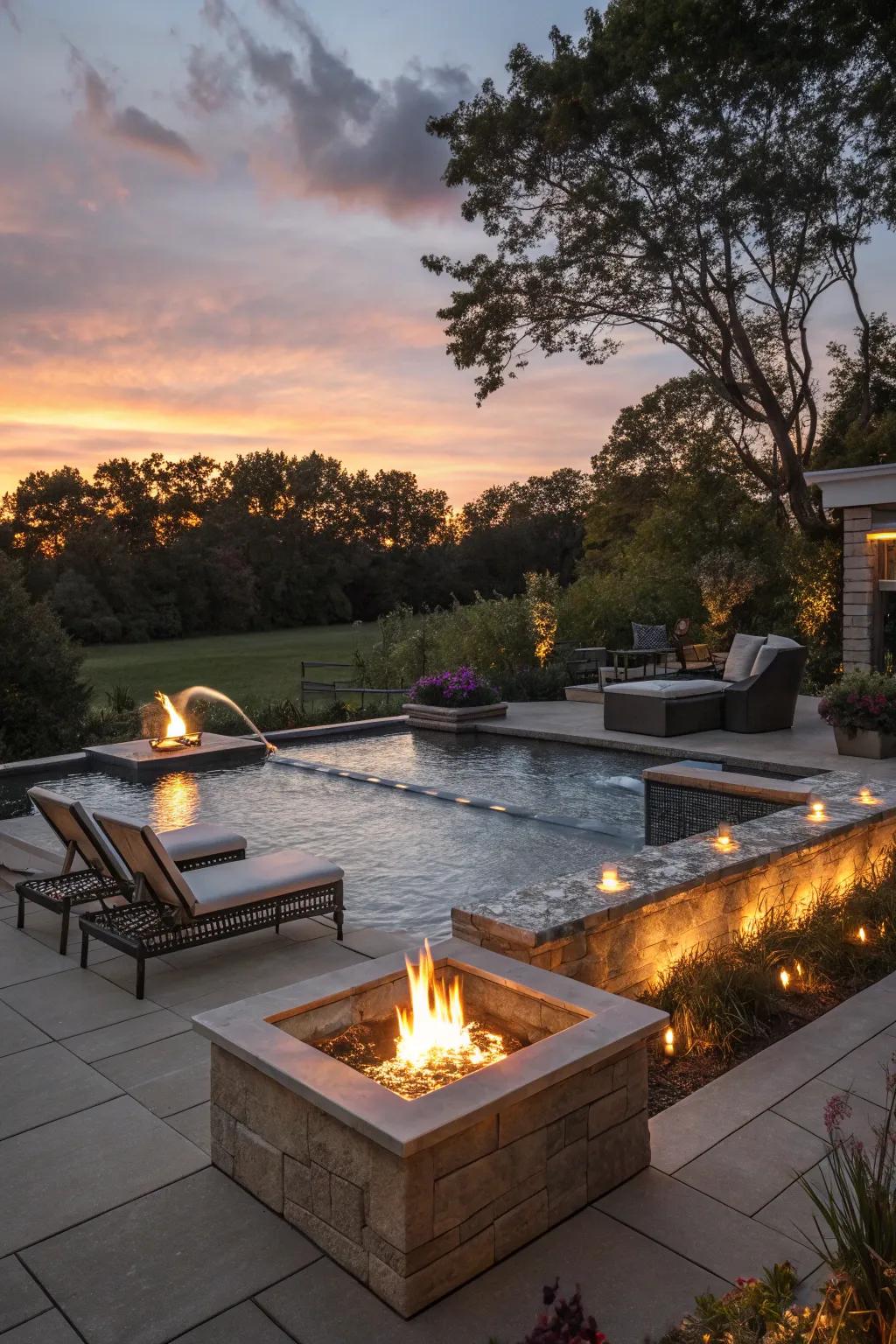 Construct a captivating atmosphere with fire bowls and water features in your poolside space.