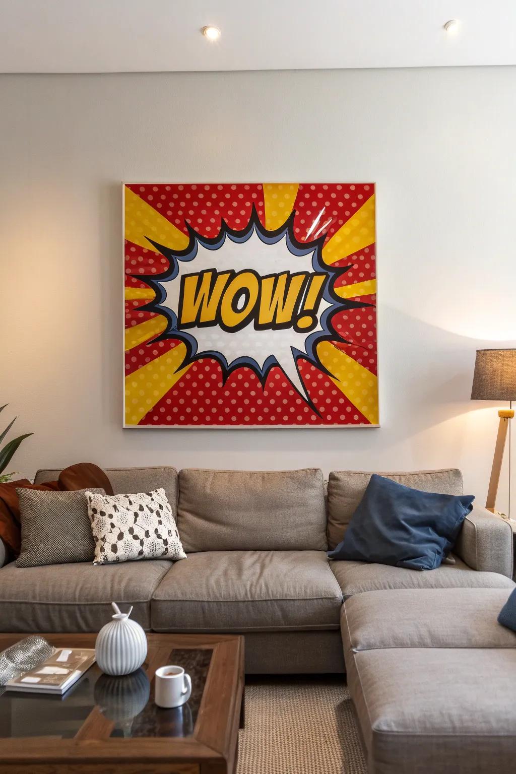 A pop-inspired masterpiece showcasing a graphic novel-style 'Wow!' dialogue bubble.
