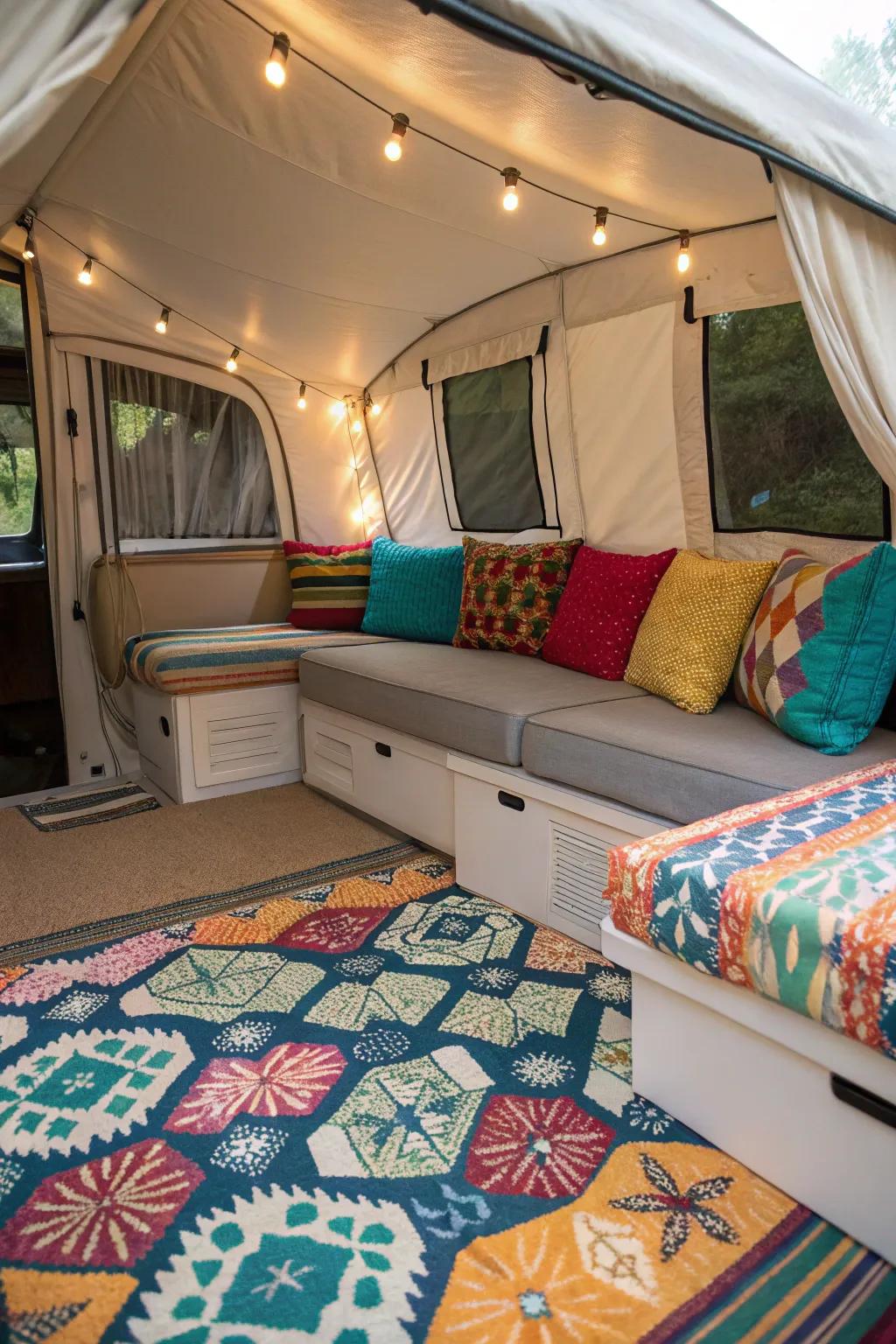 Decorative elements such as pillows and rugs give the camper a personal identity.