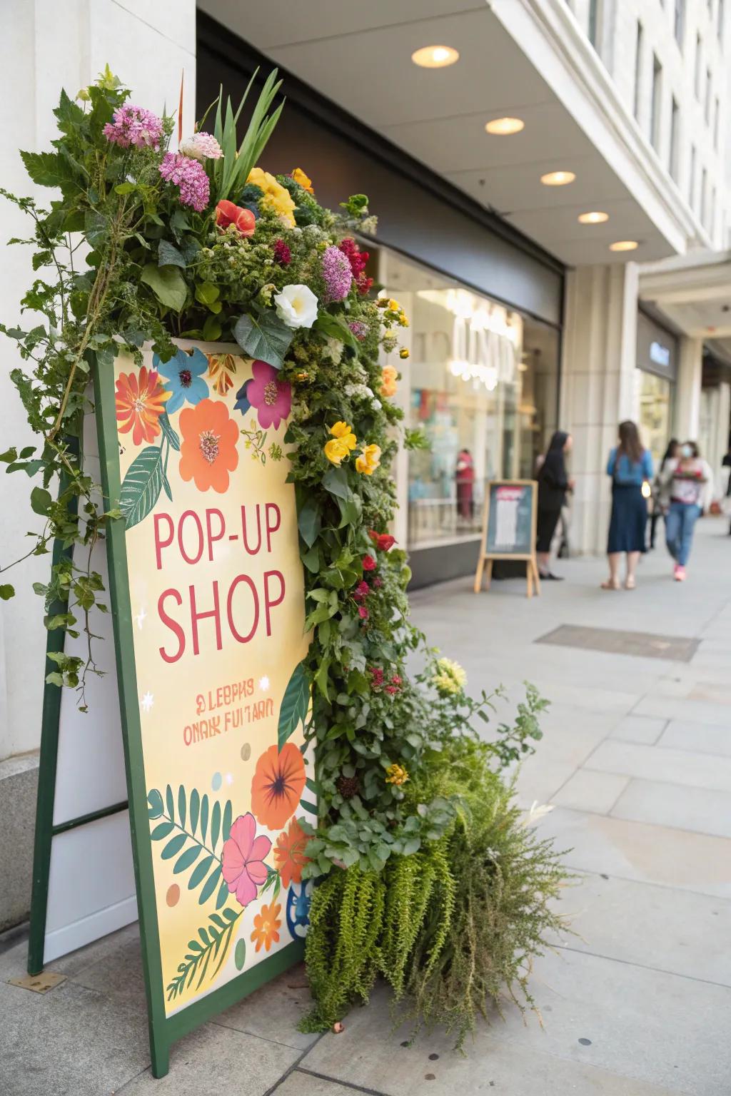 A pop-up boutique sign enhanced by fresh botanical embellishments, cultivating a welcoming ambiance.