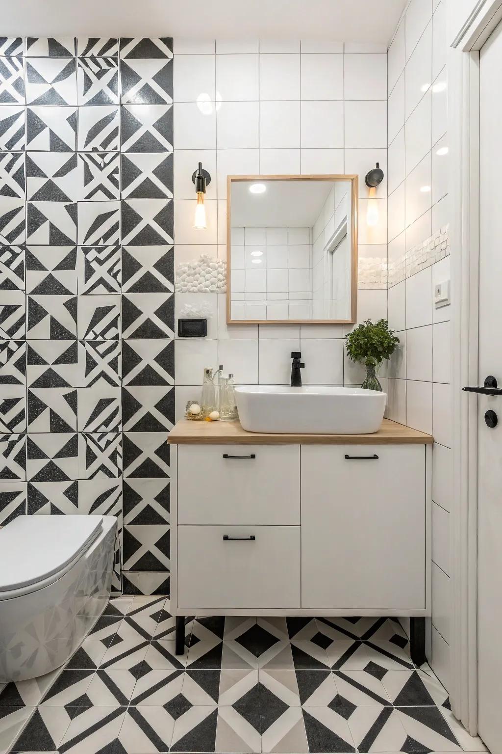 Geometric design squares transmute this washroom floor into a remarkable aesthetic declaration.
