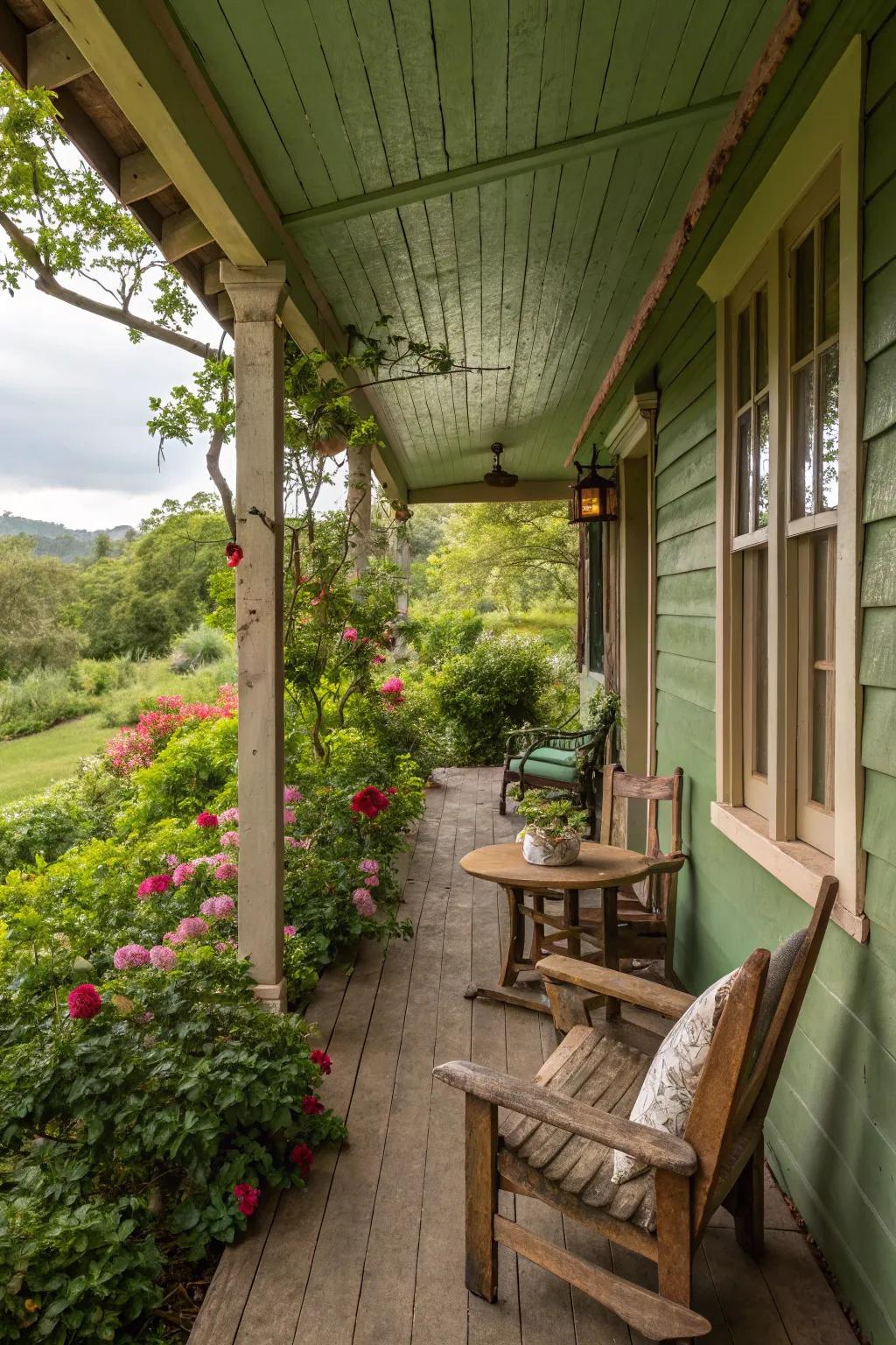 An earthy verdant porch that harmonizes exquisitely with the surrounding natural landscape.