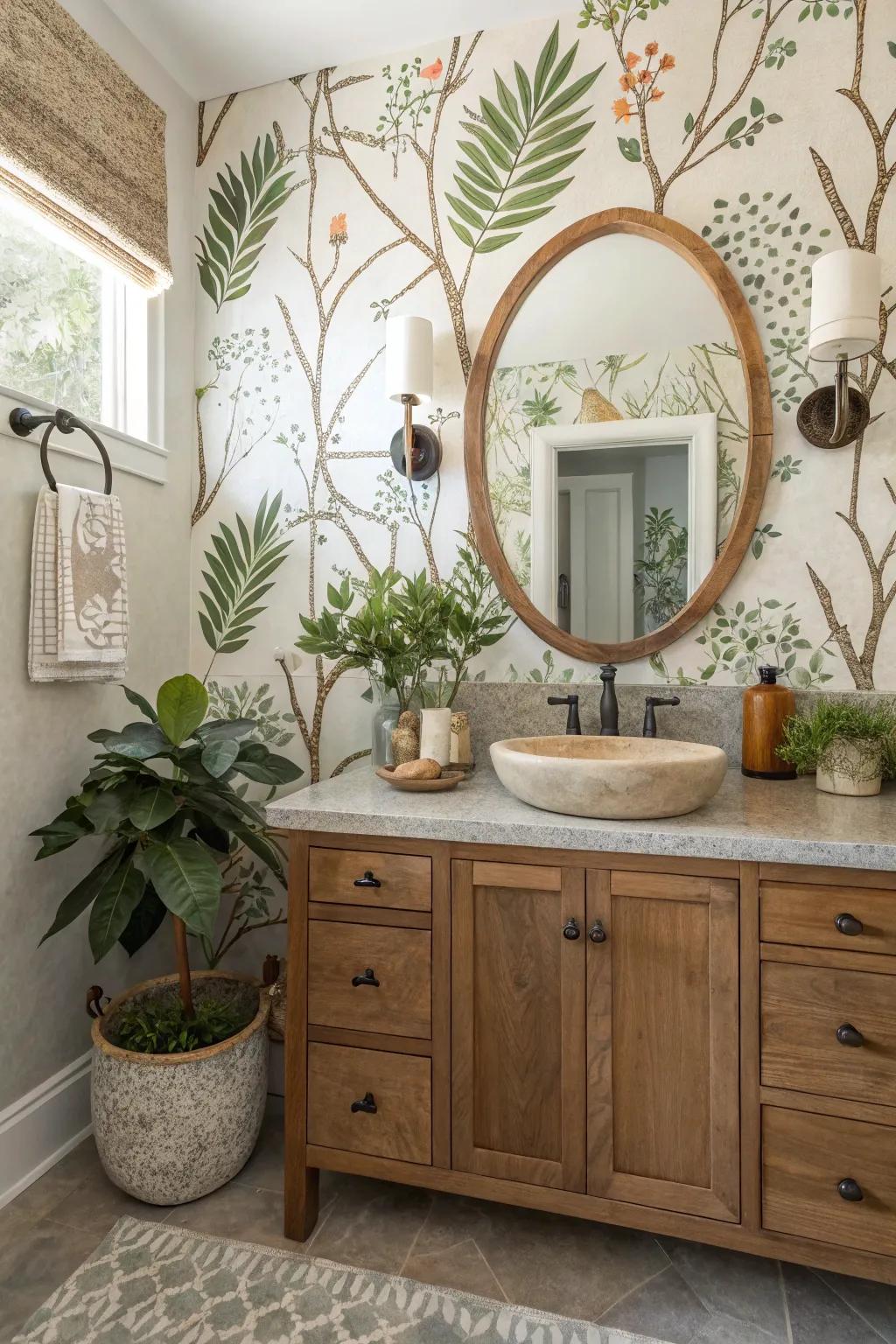 Nature-inspired themes give peace and timelessness to your guest bathroom.