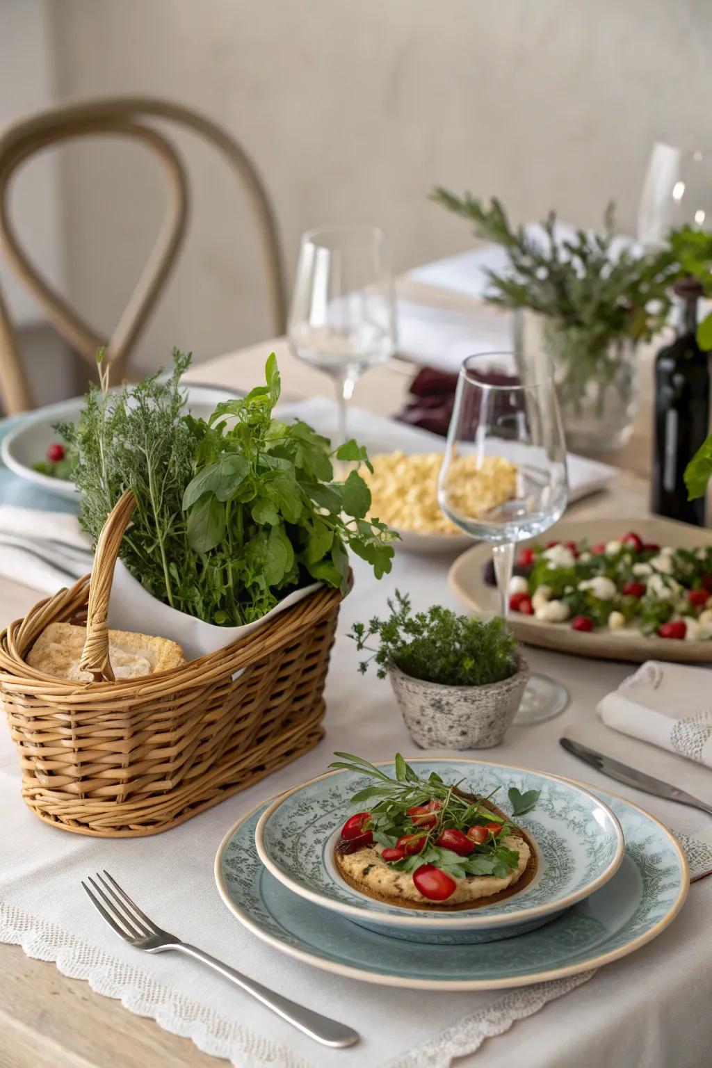 A dining table where dishes creatively incorporate a mystery ingredient, symbolized by a basket of fresh herbs.