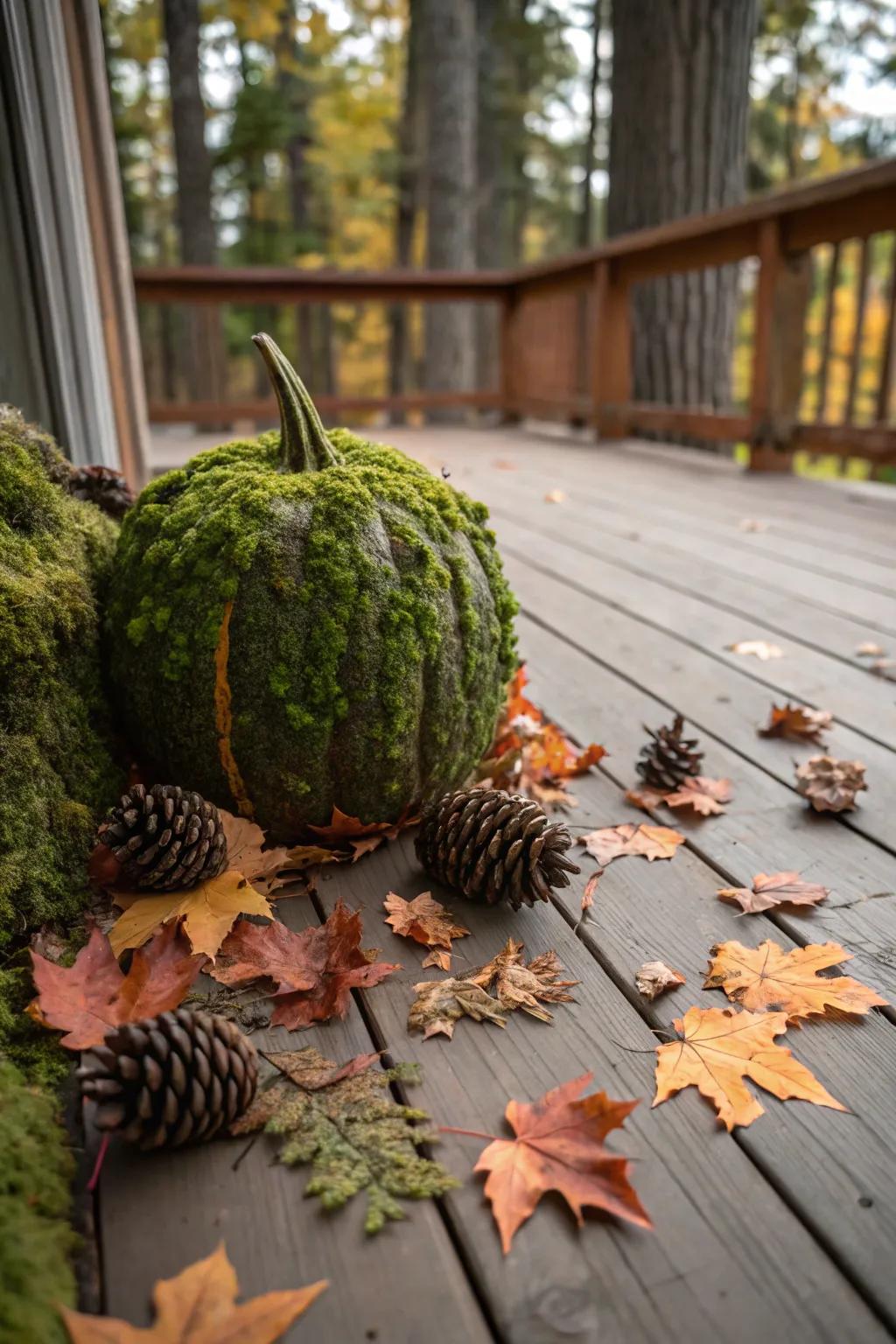 Introduce an element of the outdoors indoors with verdure-laden pumpkins.