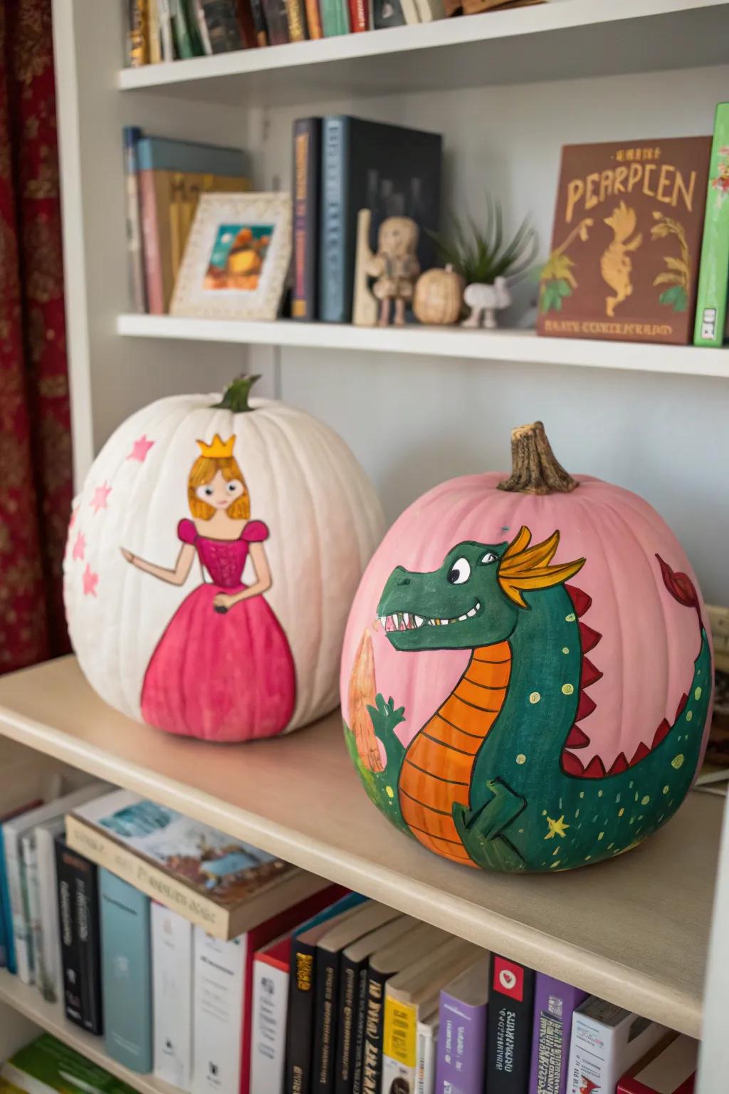 Enchant your surroundings with pumpkins portraying characters from favorite fairy tales.