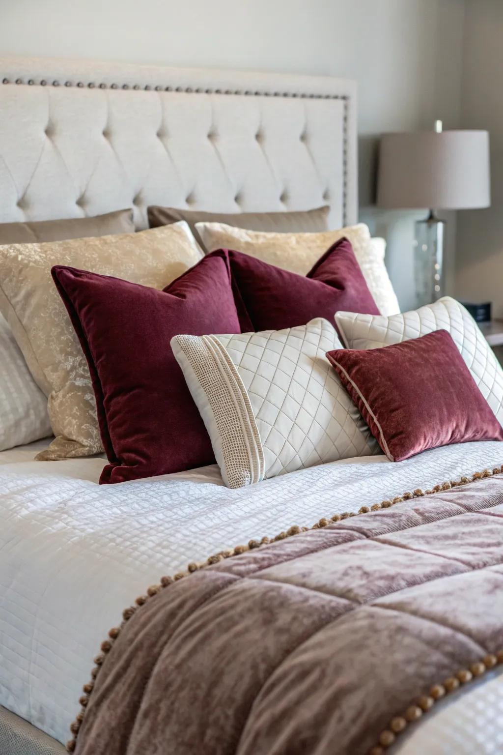 A combination of textures introduces both visual interest and a cozy feel to pillow arrangements.